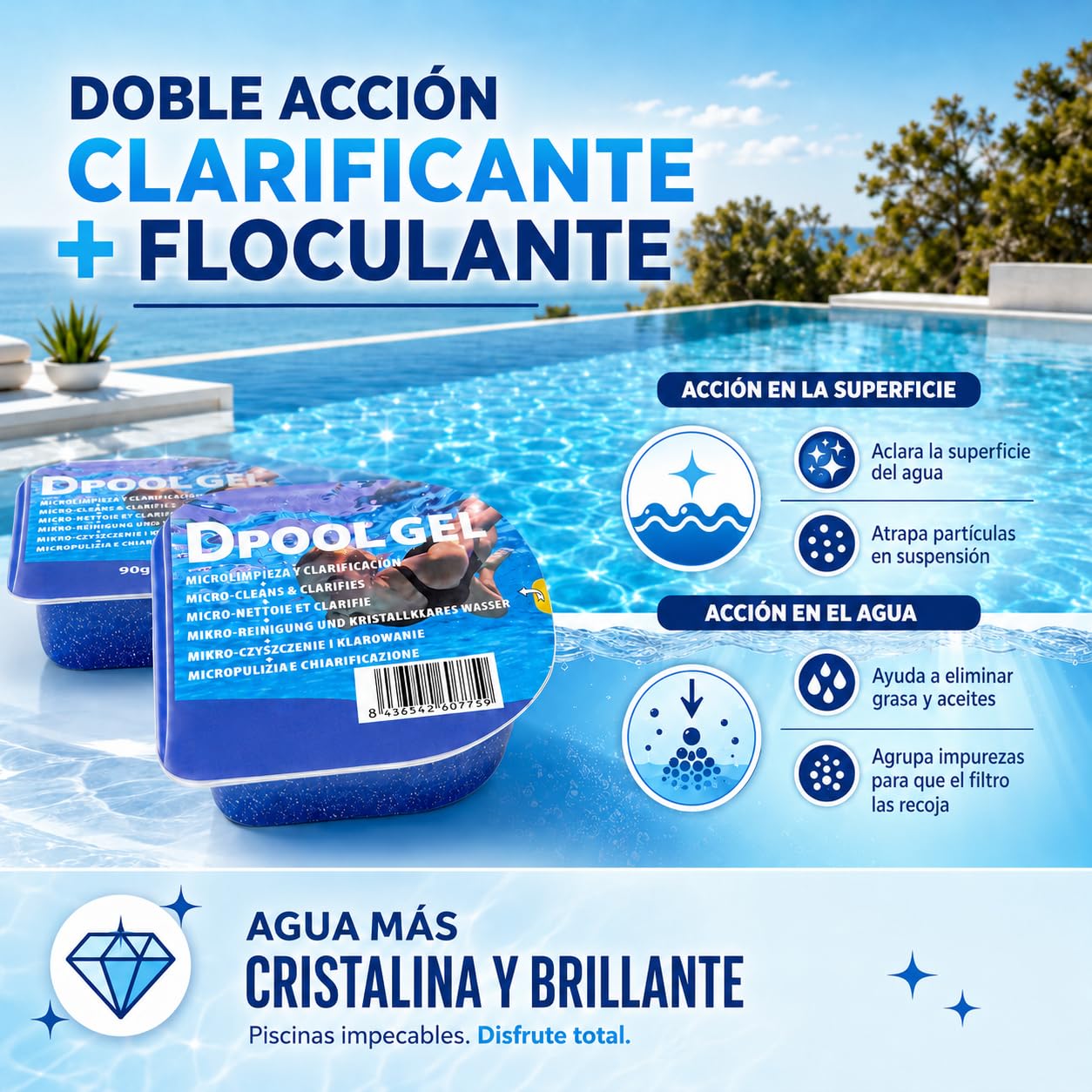 DIASA INDUSTRIAL Pack 6 UDS Gel Clarificante Piscinas Dpool Gel - MONODOSIS 90 GR - Agua Piscina cristalina
