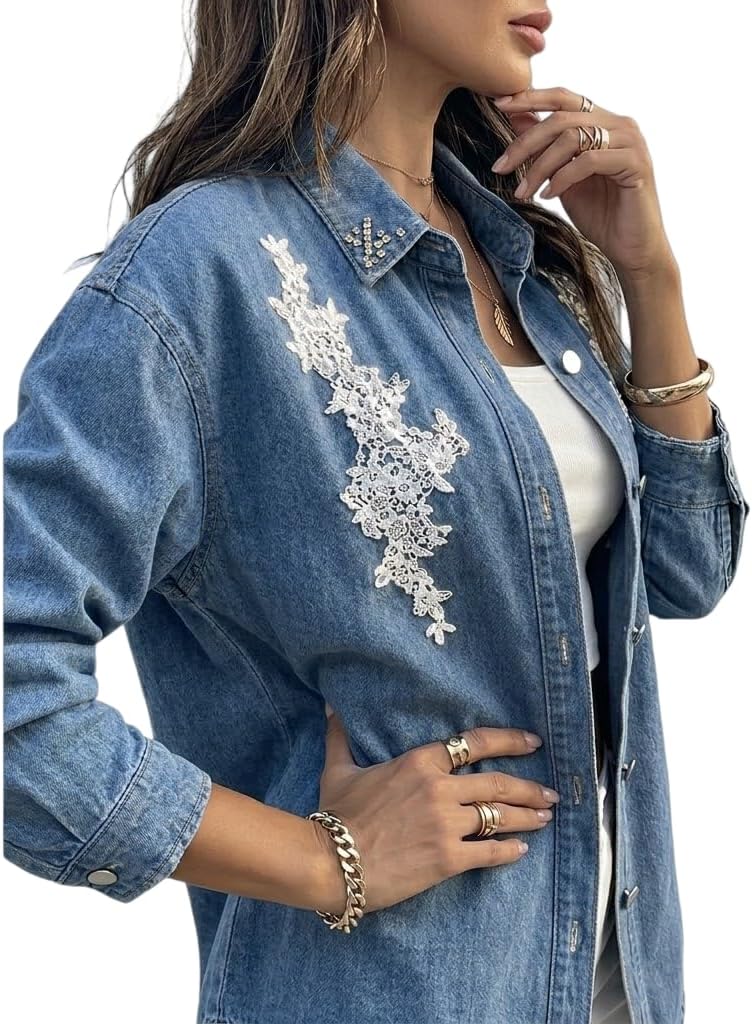 Women's Classic Denim Jacket - Fashion Oversized Jean Jacket, Stretch Distressed Long Sleeve Trucker Jacket with Pockets, Casual Streetwear Outerwear