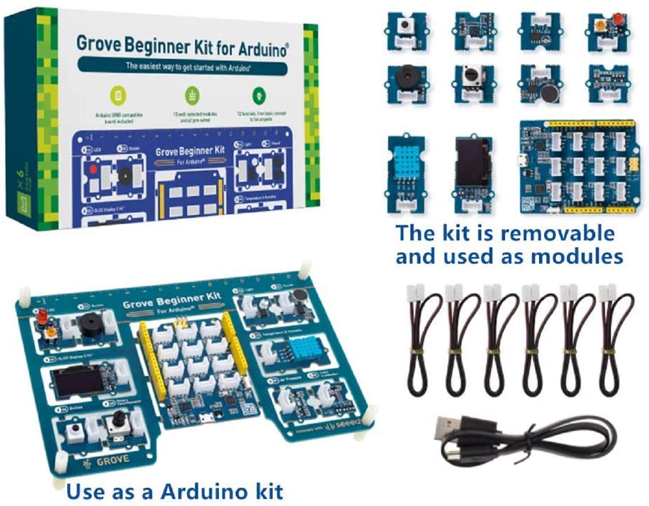 Seeed Studio Grove Beginner Kit - All-in-One Arduino UNO-kompatibles Board mit 10 Sensoren und 12 Projekten für Anfänger- und STEAM-Ausbildung