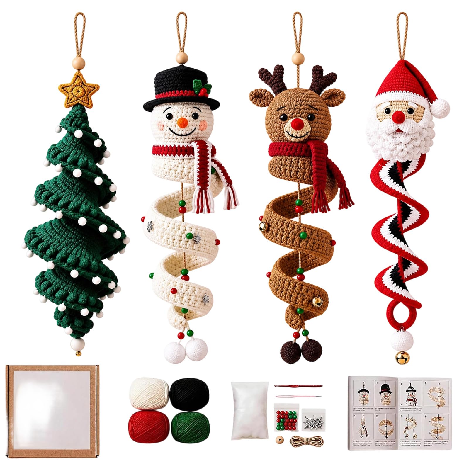 LLELEMAMO Häkelset Weihnachten, DIY-Set für einen Gehäkelten Schneemann als Spiralschmuck, Kreatives Häkelset mit Garn und Zubehör, Weihnachtsdeko und Baumschmuck für Erwachsene (4PCS-B)