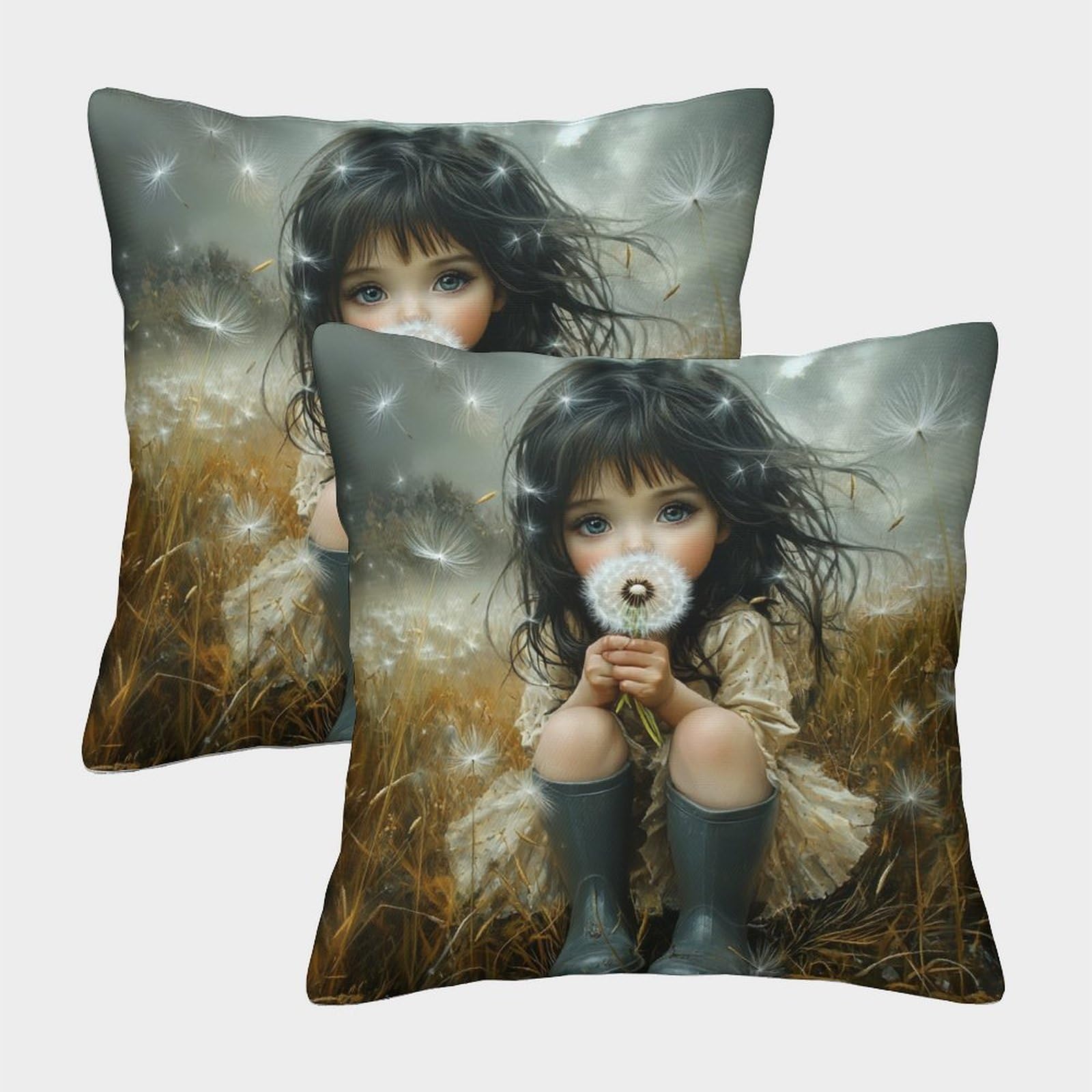 kaiyun 2 Pack Little Girl Blowing Dandelions 3D Image Huge Field of Dandelions Seeds Printed Single-sided Cushion Cover 45x45cm