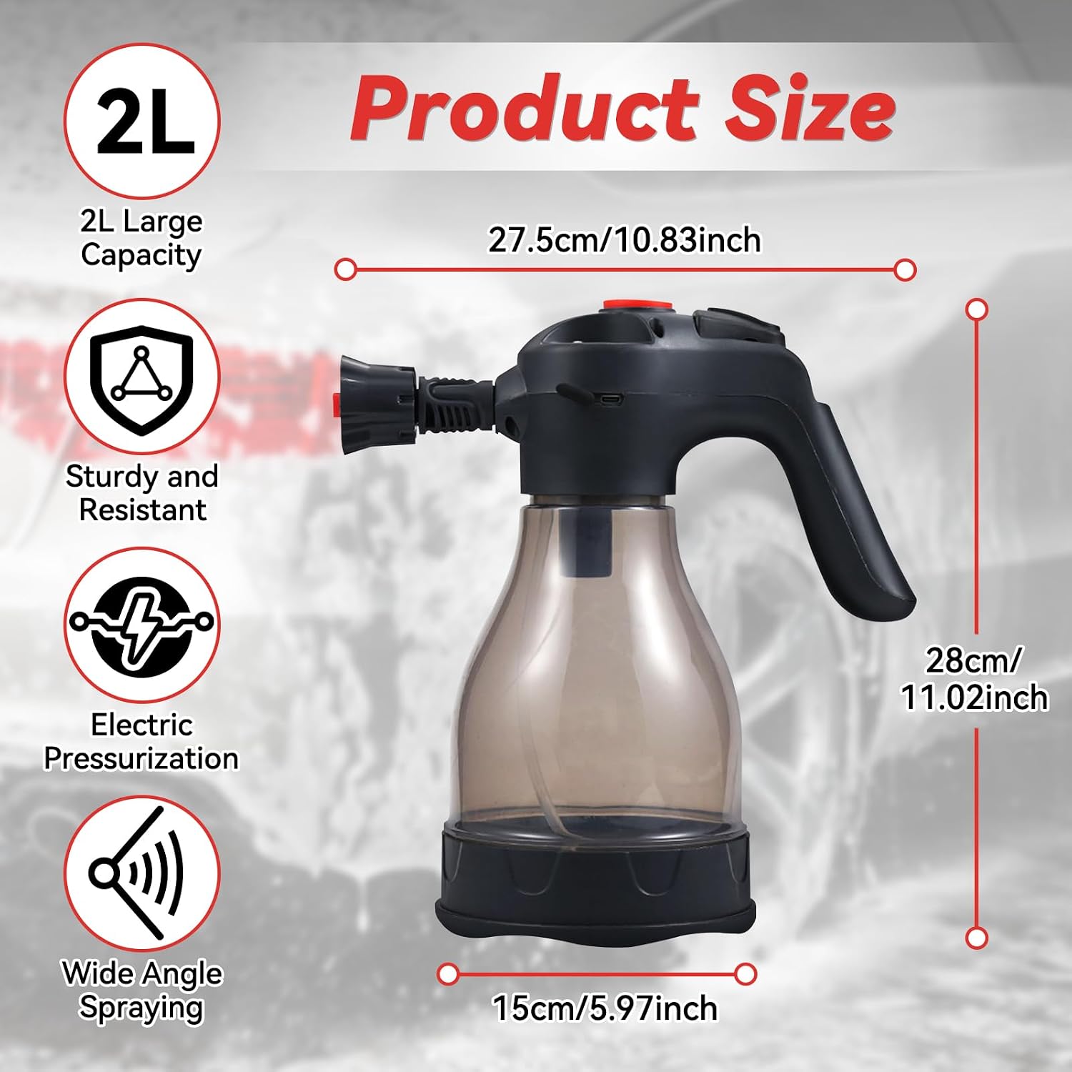 2.0L Electric Car Foam Sprayer Handheld Pump Soap Dispenser with Adjustable Nozzle Rechargeable USB Lightweight for Car Washing Home Cleaning