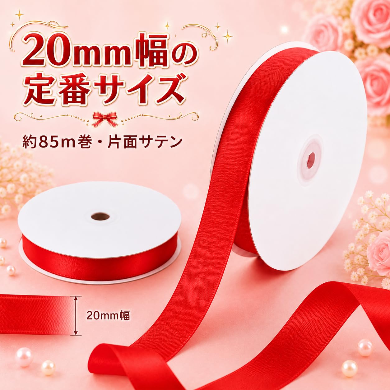 Amazon | ラッピングリボン 赤 リボン 20mm×約85m 大容量 片面サテン