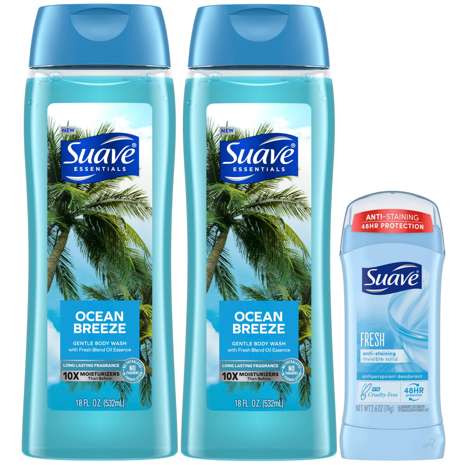 SuaveBody Wash Ocean Breeze 2-Pack + Fresh Antiperspirant Deodorant – Gentle Body Washes with Vitamin E & Anti-Staining Invisible Solid Deodorant Stick, 48H of Protection