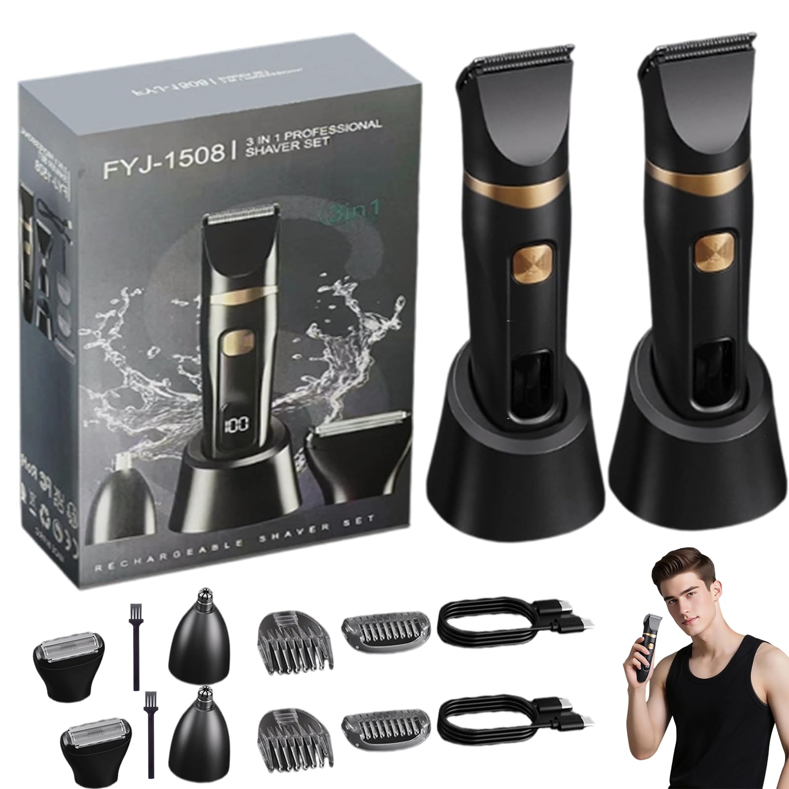 Kit elettrico 3 in 1 per la cura dei capelli, tagliacapelli lavabile per tutto il corpo, kit da barba professionale, rasoio ricaricabile, perfetto per uomini e donne (2 set)