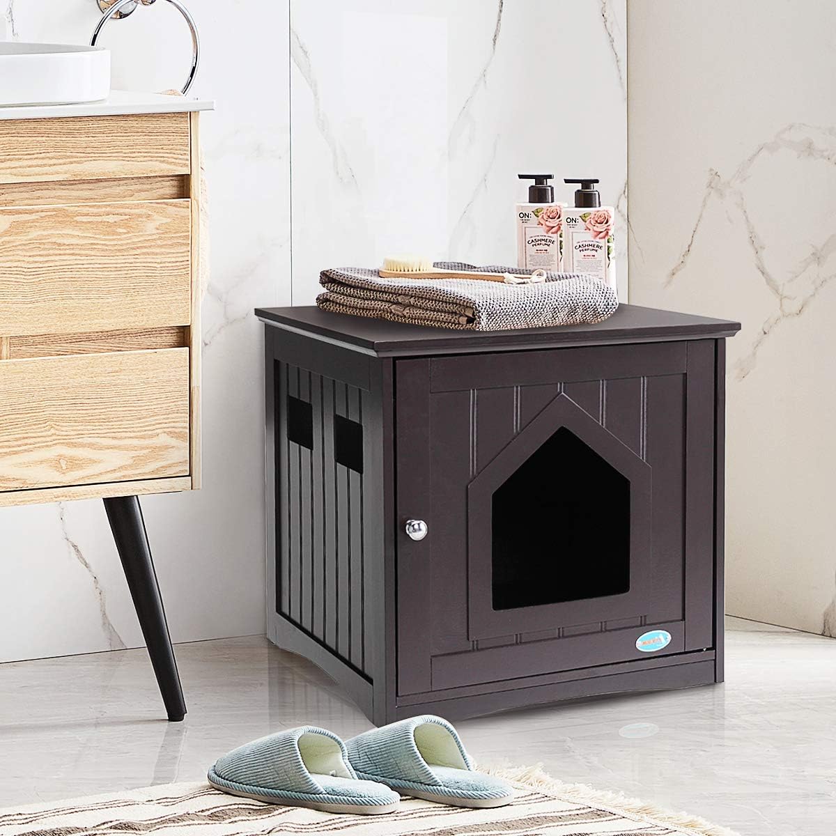 Thegreatshopman Cat Litter Box Furniture,Nightstand Wooden Cat Home and Litter Box - Enclosure w/Pentagonal Hole 4 Vents Litter Box…