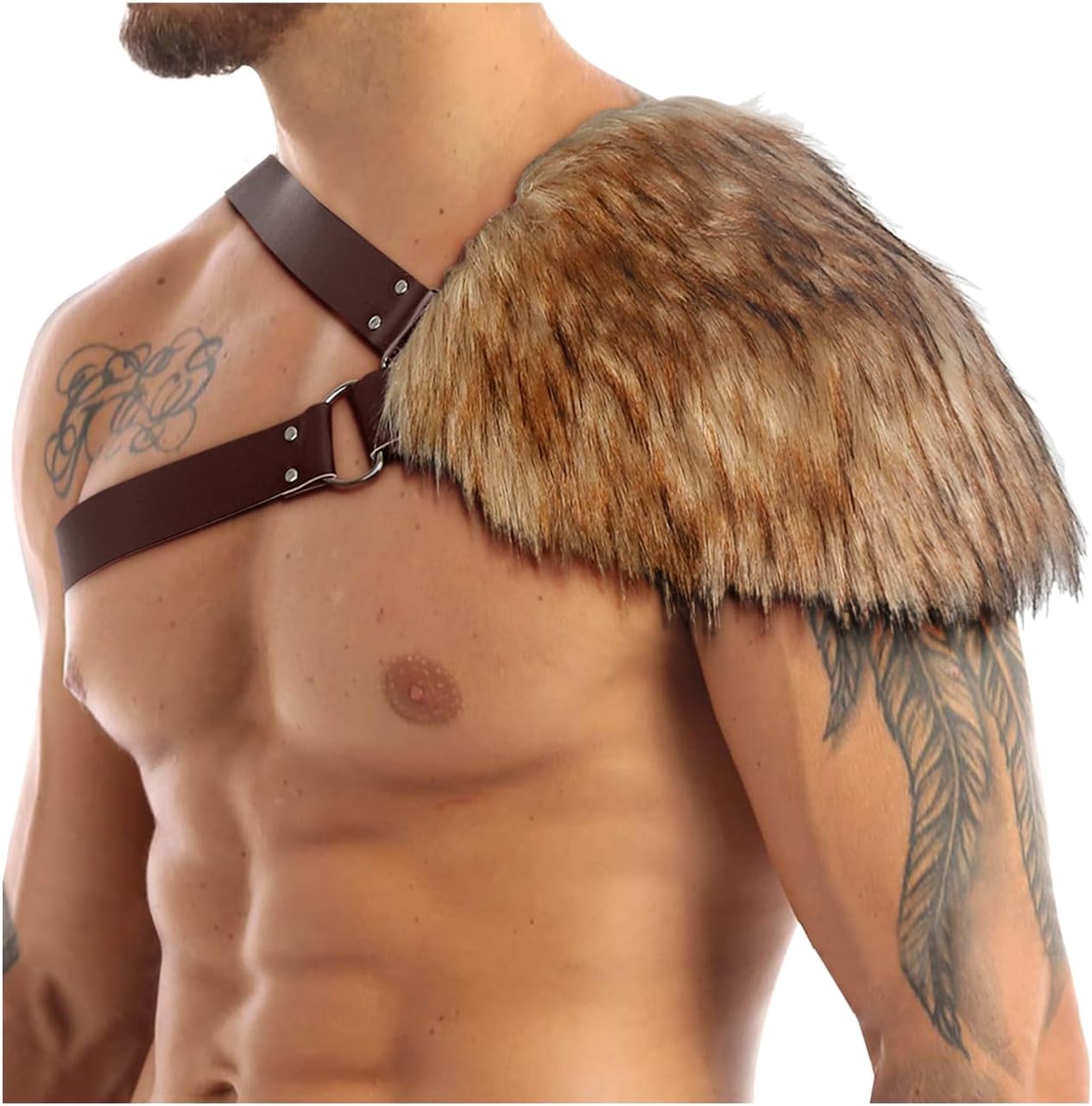 L'VOW Men's Viking Fur Shoulder Armor Medieval One Shoulder Fur Wrap Leather LARP Cosplay Costume Accessory - Image 5
