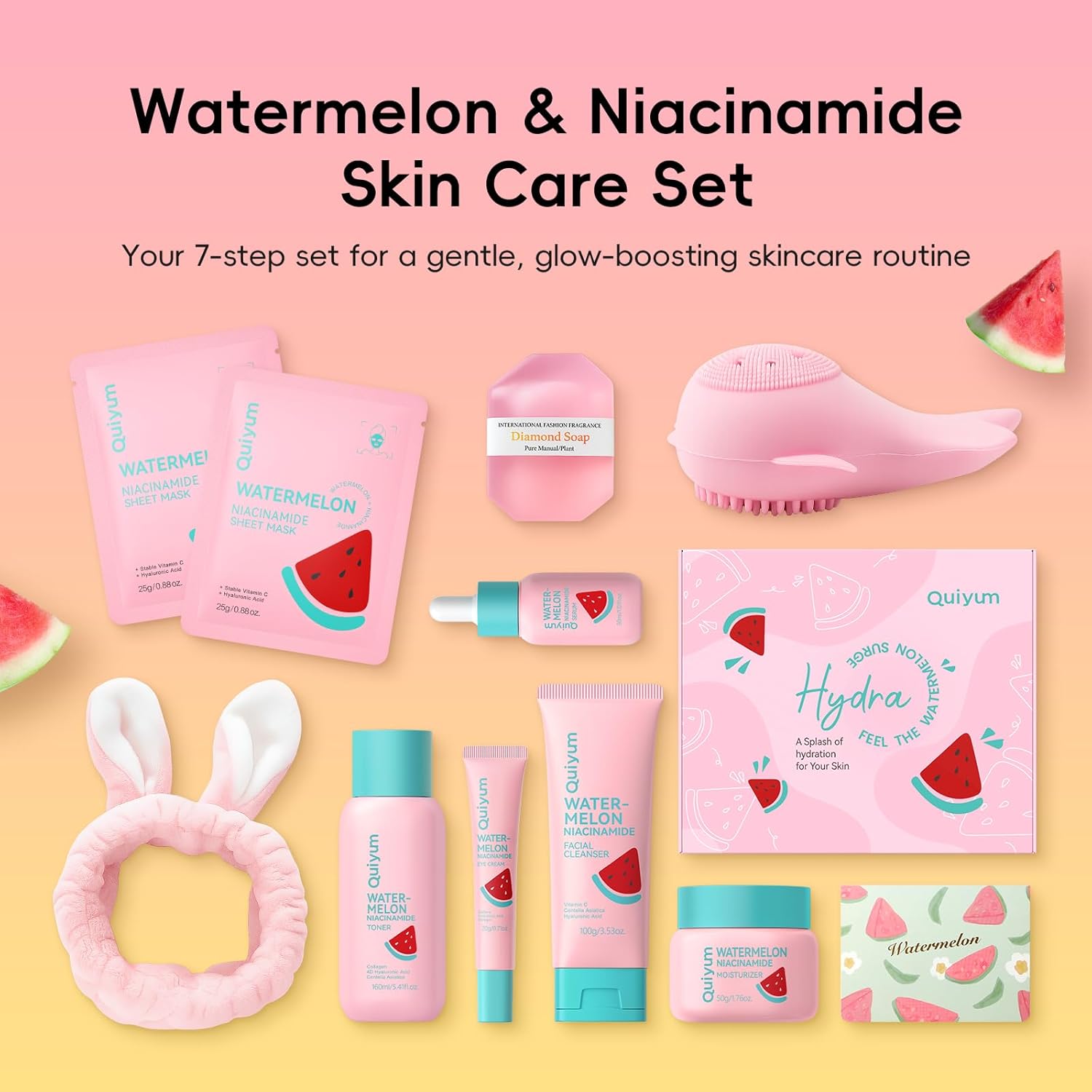Watermelon Skin Care Kit for Teens Girl, 7 Daily Routine Beauty Skincare- Gift Set with Cleanser, Toner, Eye Cream, Moisturizer, Serum, Facial Mask, Soap, Hydrate, Oil control, Glow, Smooth - Image 2