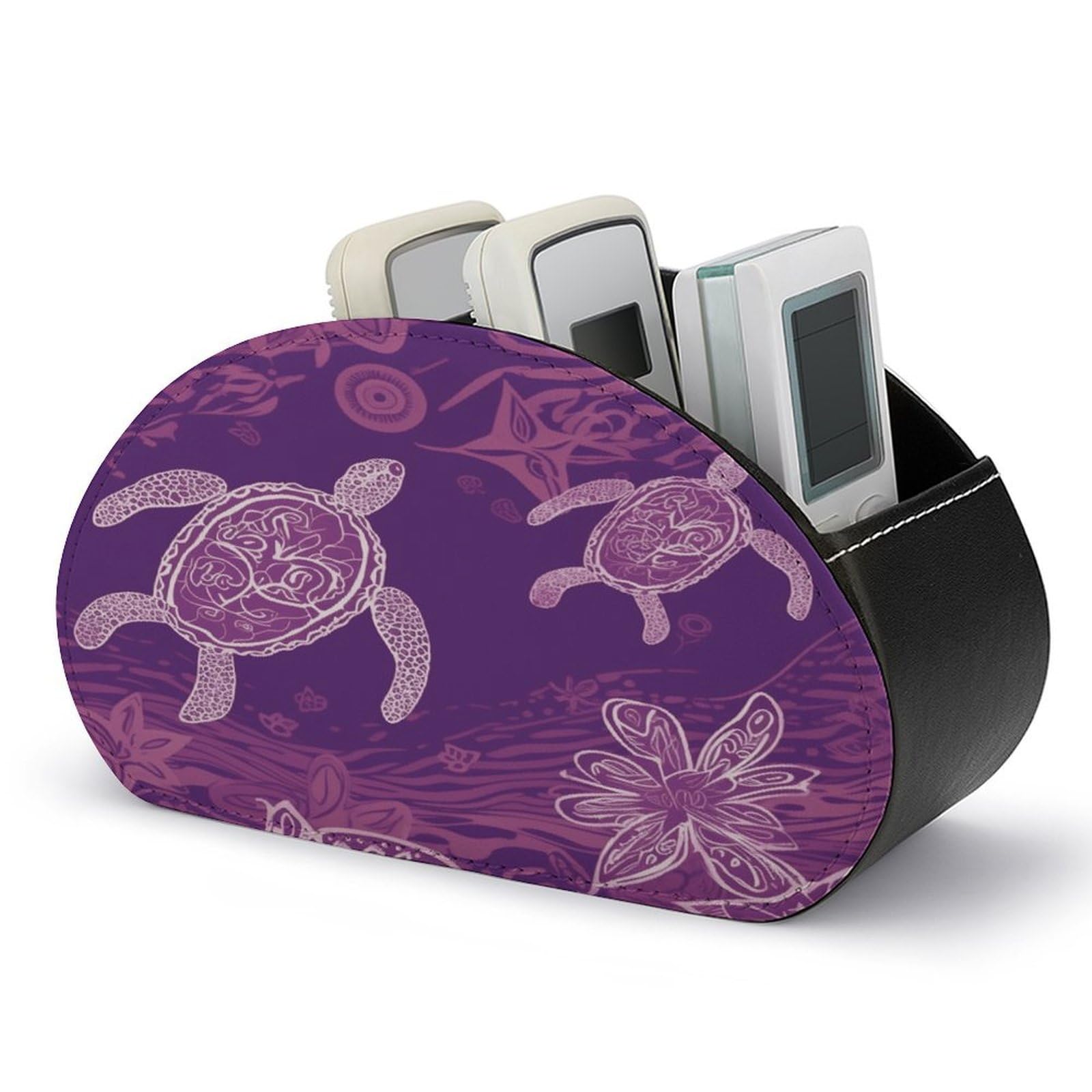 VstaDank Hawaii with Purple Sea Turtle Remote Control Holder with 5 Compartments PU Leather TV Remoter Caddy Desktop Organizer TV Remote Holder Remote Box for Media Controllers Office Supplies