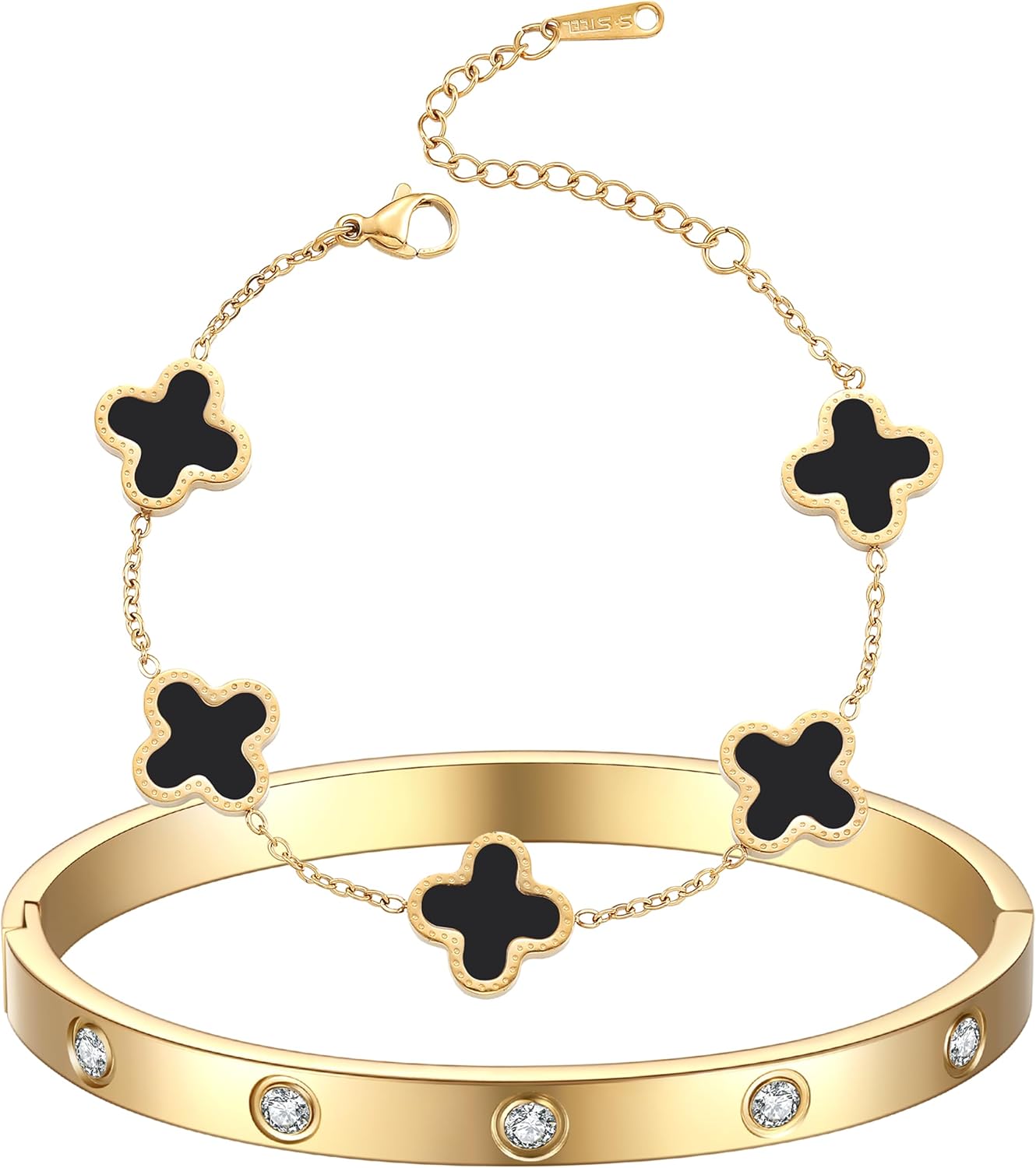 18K Gold Plated Clover Bracelet Love bangle Set for Women Stackable Trendy Fashion Simple Friendship Bracelets Lucky Bracelet Jewelry Cute Gifts for Women