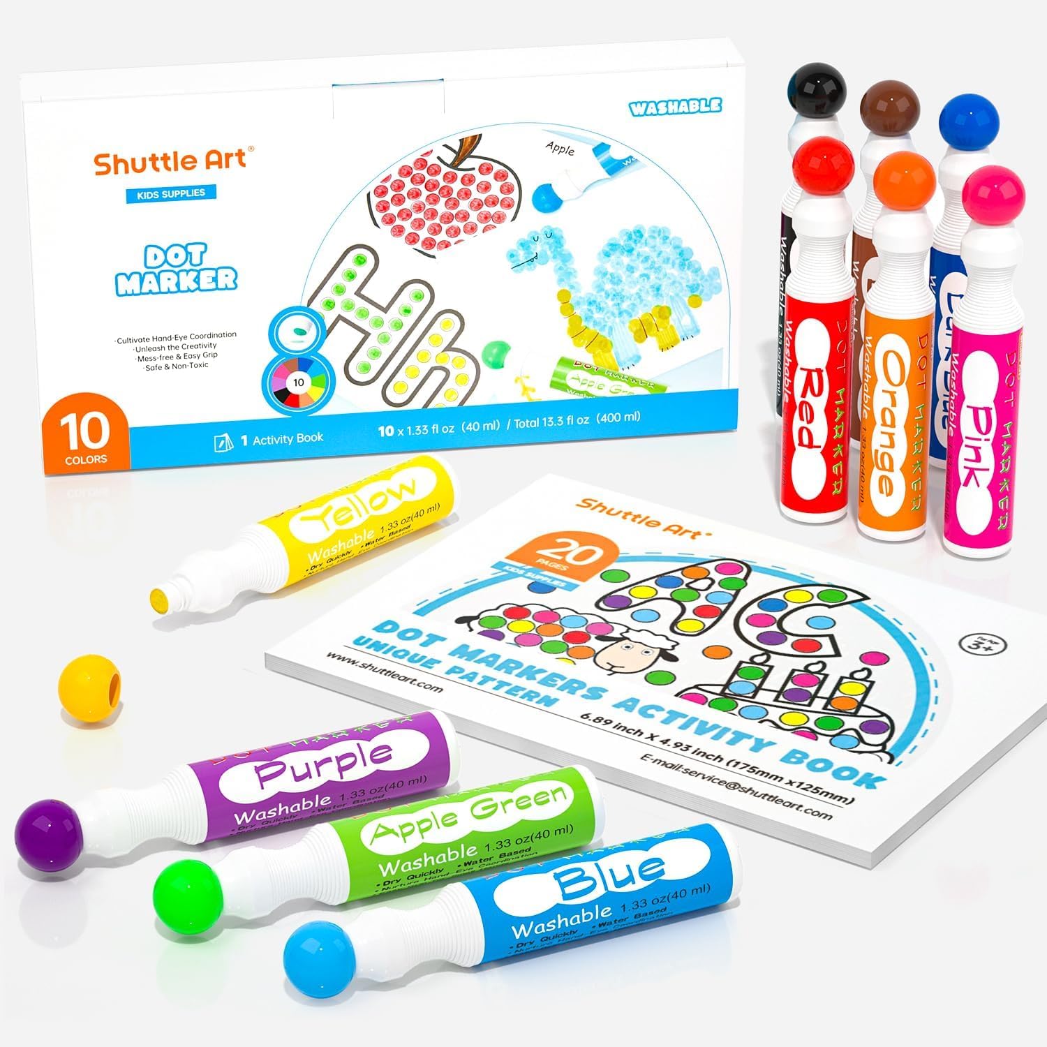 Shuttle Art 10 Colours Dot Marker Washable Non-Toxic Dot Marker for Children Early Education, Bingo Dabber for Creation with 1 Colouring Book