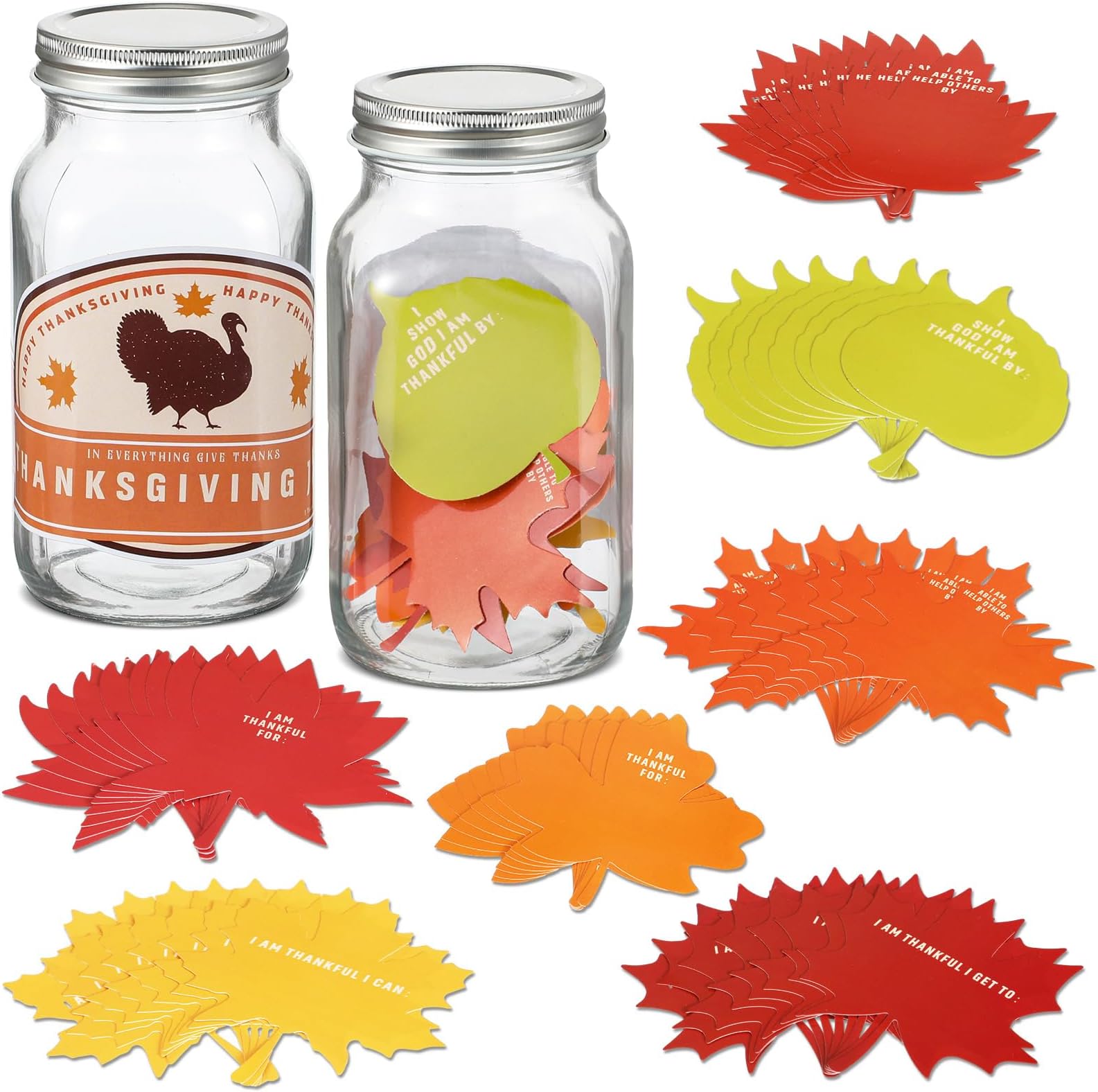 Roshtia2 Pcs Thanksgiving Thankful Jar with 64 Fall Paper Leaves Thanksgiving Fall Jar with Lid Farmhouse Decorative Thankful Gifts for Home Table Centerpiece Decoration Party Supplies