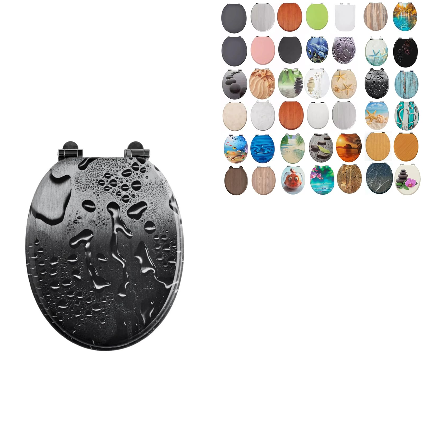 Burakh Black Water Droplets 18" Mdf Toilet Seat Universal Adjustable Fit Most Toilets Oval Seat┃Bathroom Standard Wooden Mdf Toilet Seat | Wc Seat +Fittings (Black Water Droplets)
