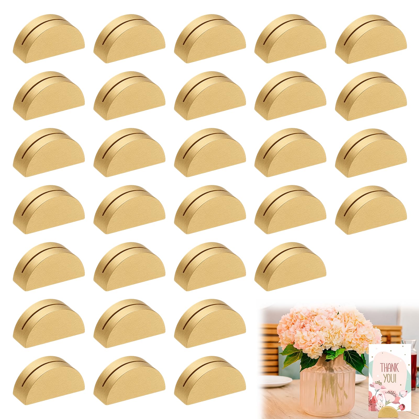 Girihe 30Pcs Semicircular Table Number Stands, Reusable Table Number Holders, Wooden Place Card Holders for Weddings, Restaurants and Parties for Name Cards, Menus, Photos or Signs(Gloden)