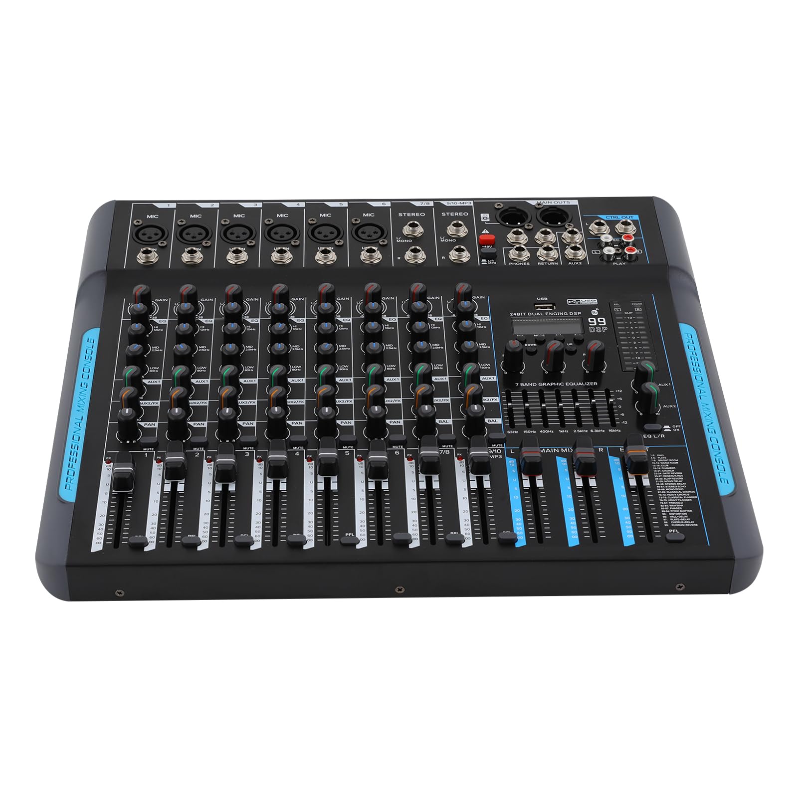 Console mixer audio professionale a 10 canali, mixer audio, mixer, console stereo USB/Bluetooth con 99 DSP Reverb 7 band equilibrio per palcoscenico DJ musica