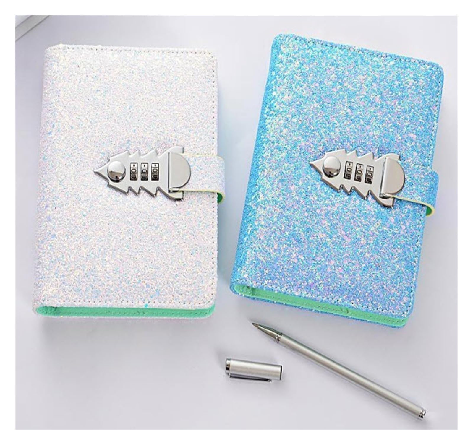 Classeur de planificateur A6 avec couverture en PU à paillettes, avec serrure, mot de passe en spirale, Agenda, papeterie scolaire(Sky Blue)