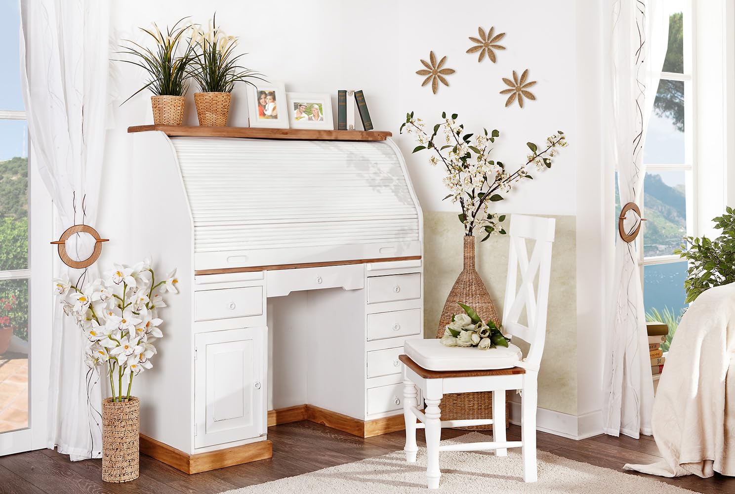 Sekretär Mexico Weiß Honigfarbig - Pinie Massivholz - Landhausstil - Homeoffice Möbel