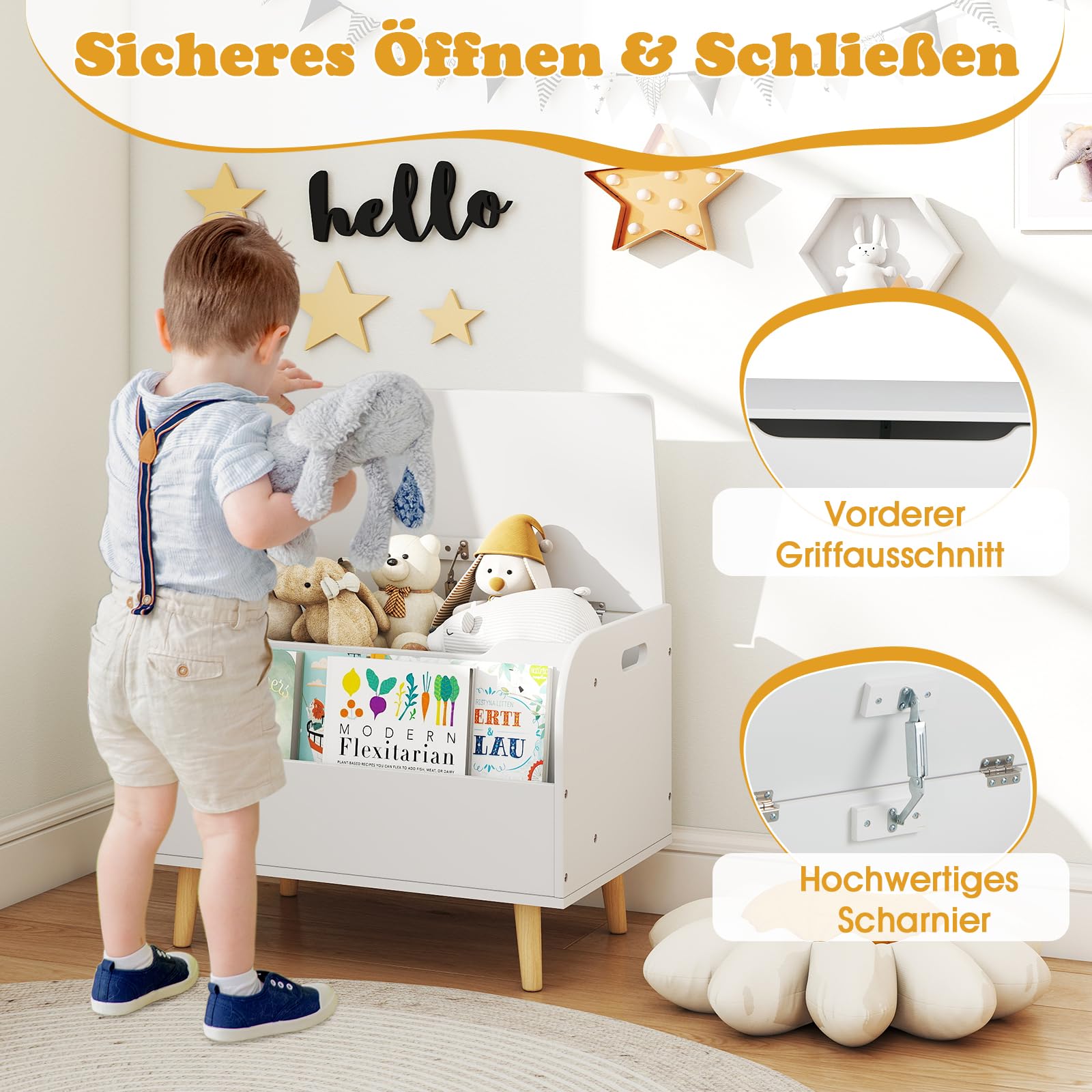 COSTWAY Spielzeugtruhe mit Deckel, 2 in 1 Spielzeugkiste aus Holz mit Bücherregal, Sitztruhe mit Stauraum, Spielzeug Aufbewahrung montessori für Kinderzimmer, Spielzimmer, 60 x 40 x 43 cm (Weiß)