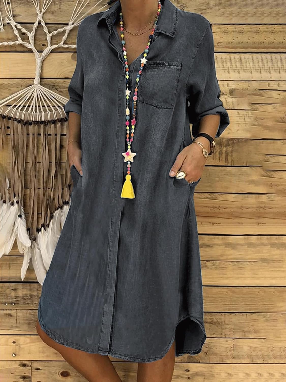 utcoco Denim Dress for Women 2025 Casual Loose Long Sleeve Classic Vintage Button Down Jean Shirt Dresses with Pockets - Image 2