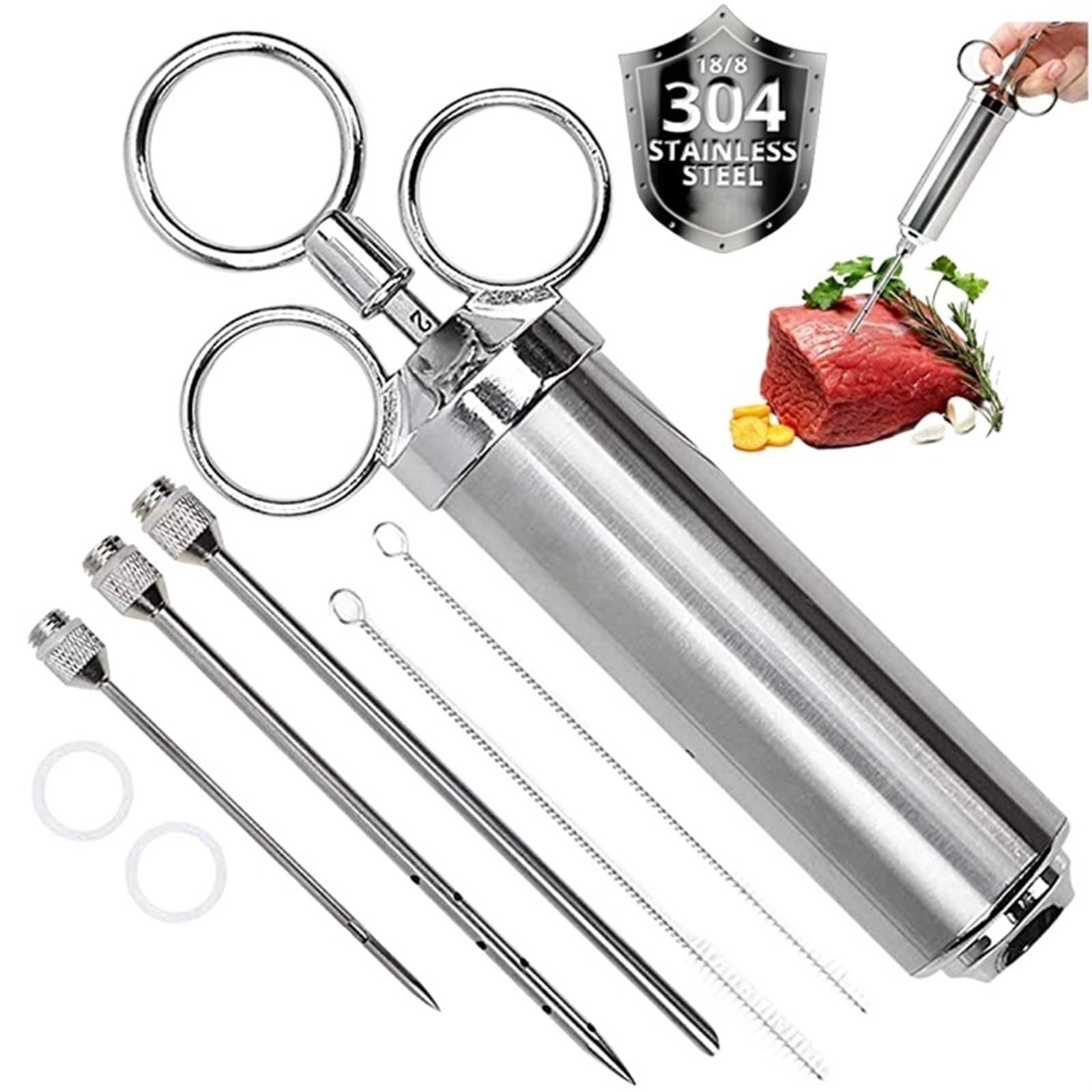 AVIMYA Meat Injector Syringe, Turkey Basting Food Seasoning Injector, 3 Marinade Injector Needles 2 Cleaning Brushes for Grill BBQ