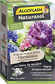 ALGOFLASH NATURASOL Engrais Hortensias, Rhododendrons et Azalées, Longue durée 5 mois, Jusqu'à 20 m², UAB, 800 g, ABIOHOR800