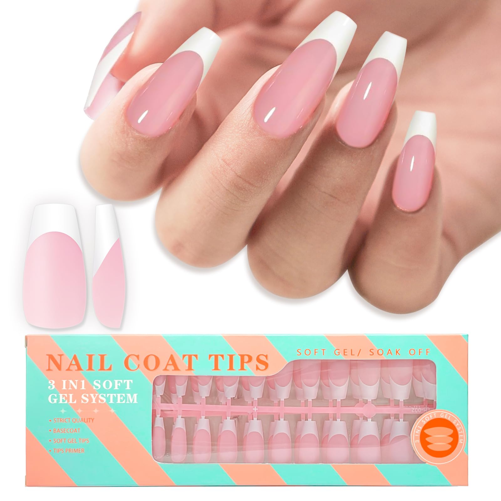 Medium Coffin Gel Nail Tips French Tips-Pink Soft Gel Fake Nail Tips 15 Sizes 150Pcs Pre-Primer&Base Coat&Color Gels French Nail Tips