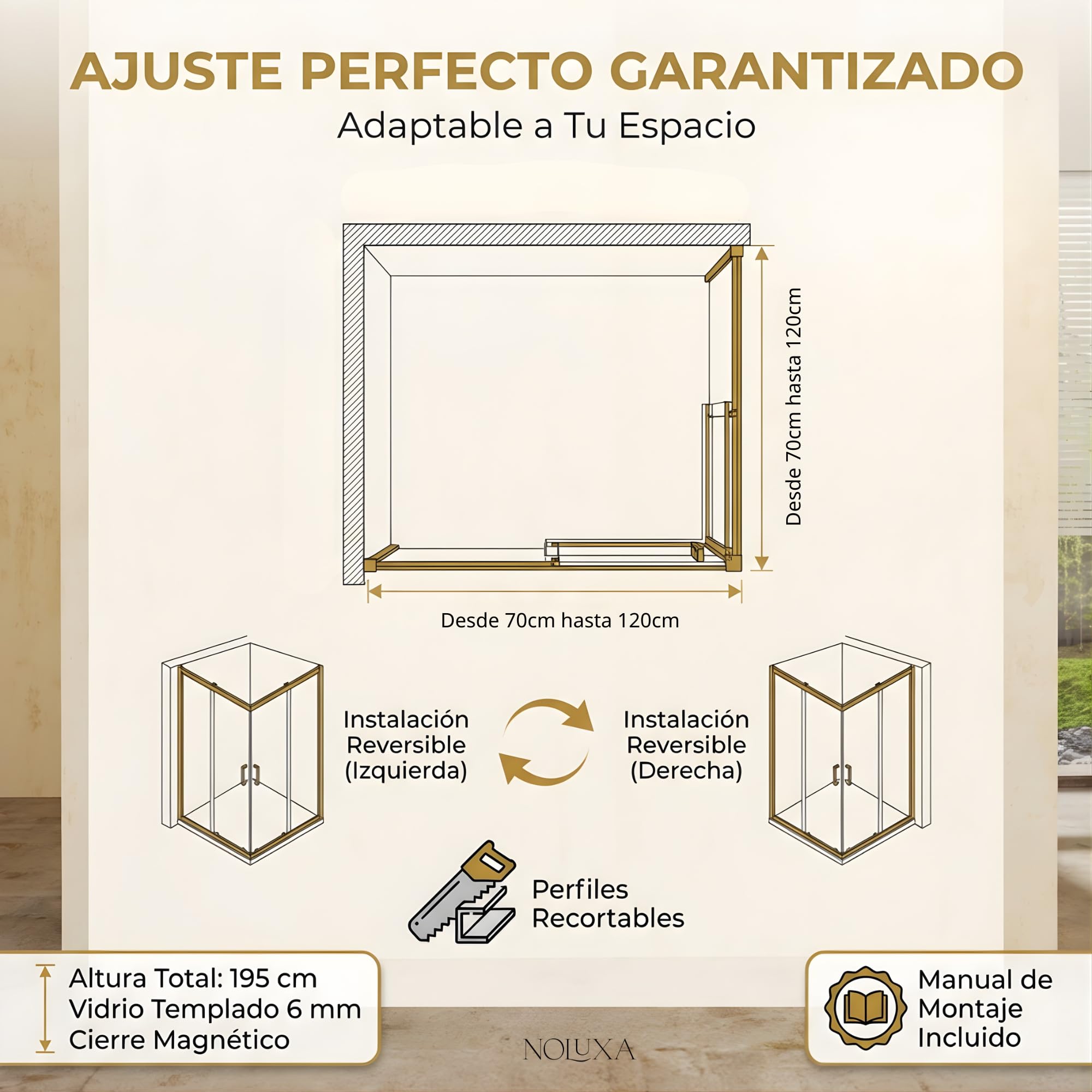 IMEX - Mampara Ducha Dorada Dos Puertas 2 Fijas + 2 Correderas 70x110cm | Mampara de Cristal Reversible, Perfilería con Ancho Adaptable y 195cm de Altura | Vidrio con Grosor 6mm y Cierre Magnético
