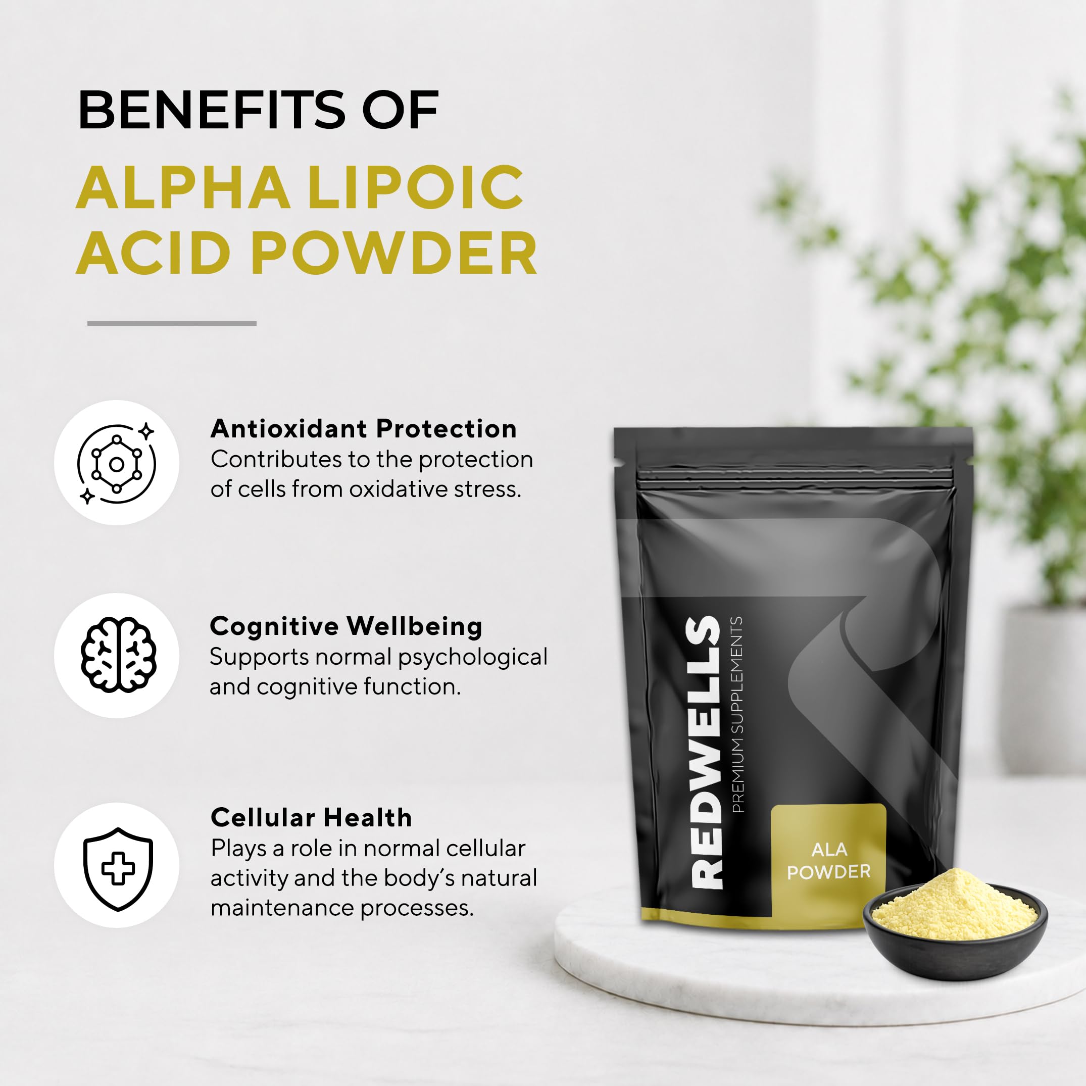 Acide alpha-lipoïque poudre REDWELLS Antioxydant & Vegan - 250g Paquet