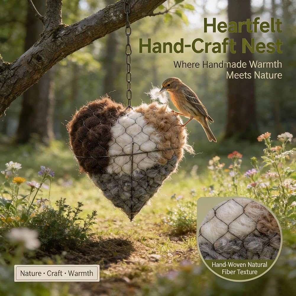 Handmade Fiber Bird Nesting Heart, Nesting Material for Wild Bird, Refillable Nesting Accessories, Hummingbird Nest/House, Outdoor Garden Decortion, Gifts for Bird/Nature Lovers (1pcs) — view 4