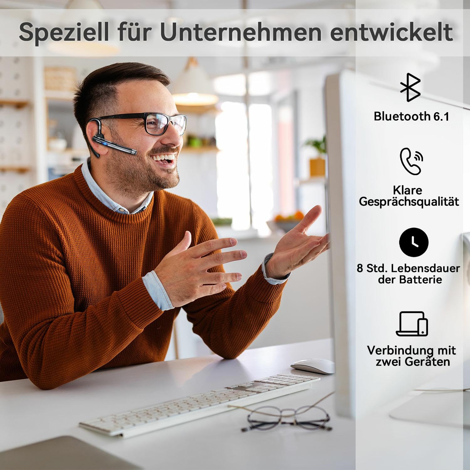 Bluetooth Headset mit Mikrofon, V5.4 In Ear Freisprech Handy Kabellos Kopfhörer mit LED Ladebox für Autofahren/Business/Büro, IPX7 Wasserdicht, Kompatibel mit iPhone Android Smartphones und Tablets