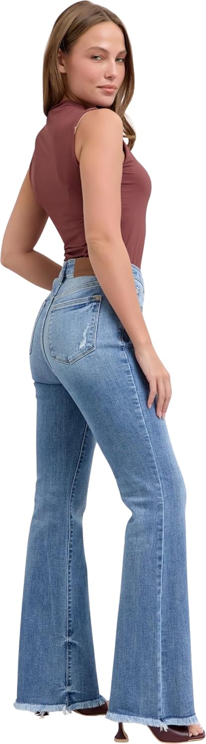 Judy Blue Women's High Rise Bootcut Jeans with Frayed Hem (Medium Blue 82486, 15) - Image 5
