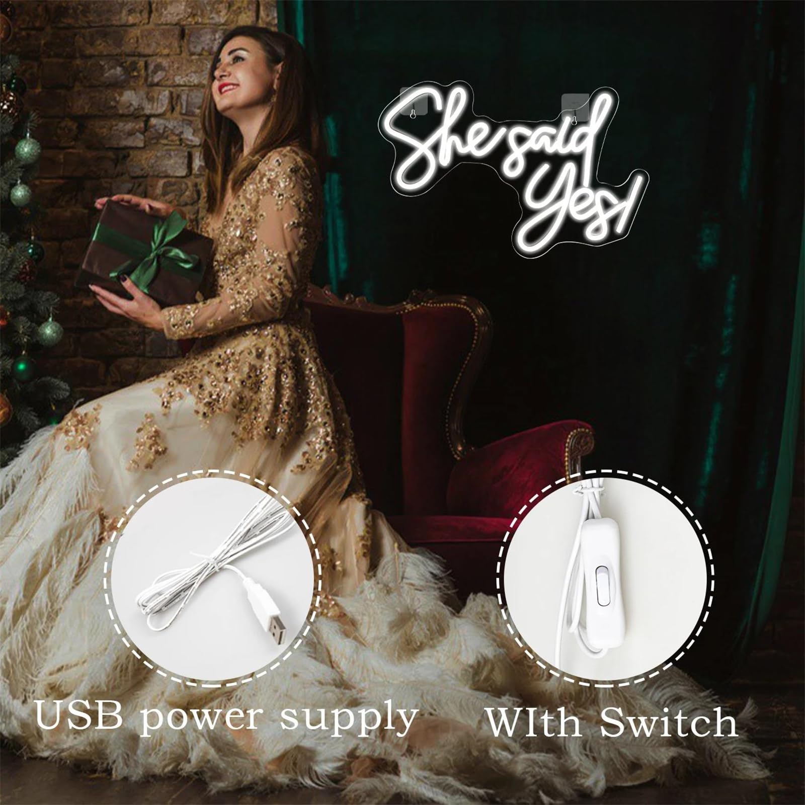 She Said Yes insegna Neon Lettera Luminosa Neon Luce Notturna per Feste casa Camera Matrimonio proposta di Matrimonio Fidanzamento Decorazione Parete Luce Neon USB alimentata Neon,C