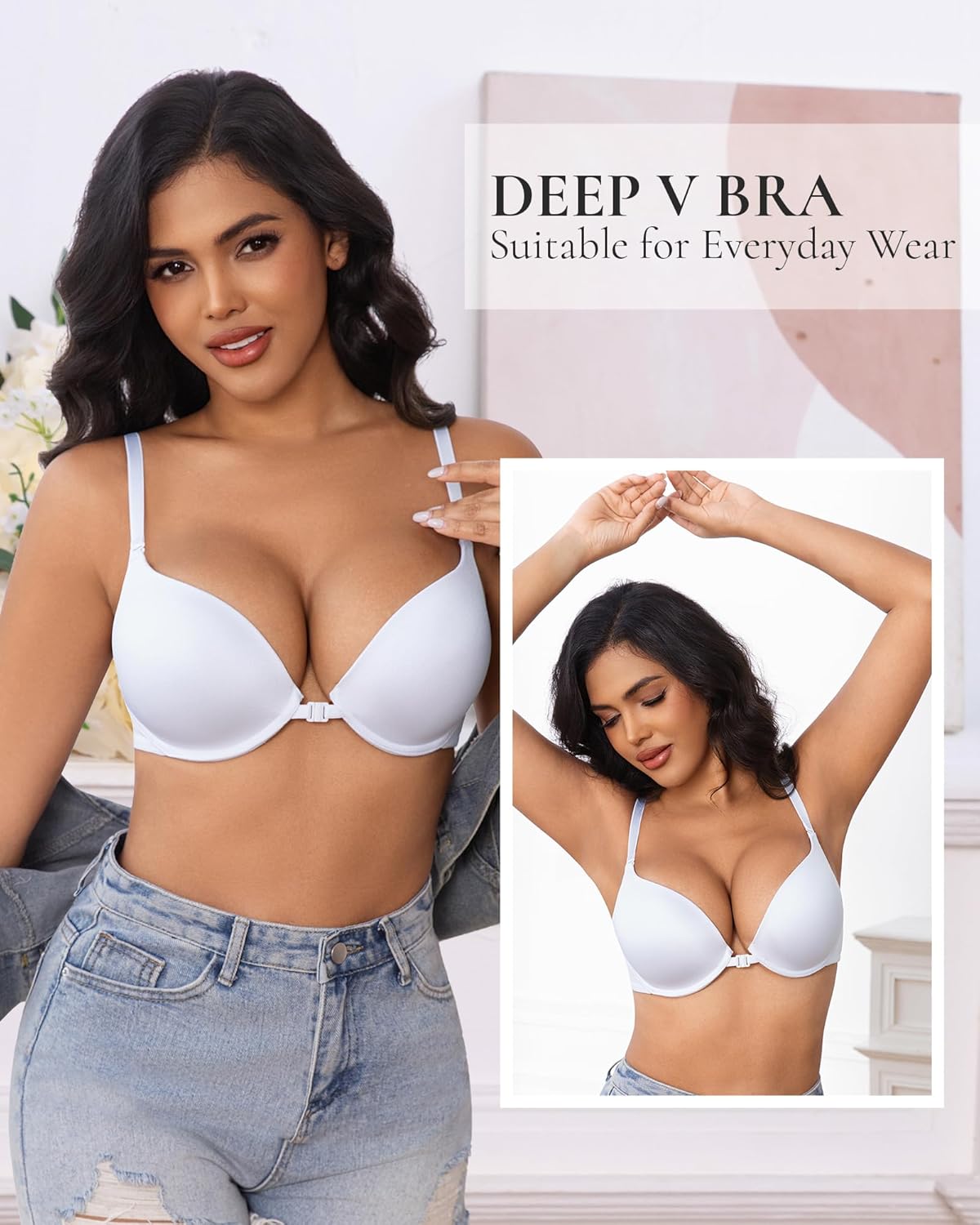 Front Closure Bra Push Up Plunge V Front Clasp Bras Padded Add Cup Demi Underwire Lift T Shirt Smooth Bralette