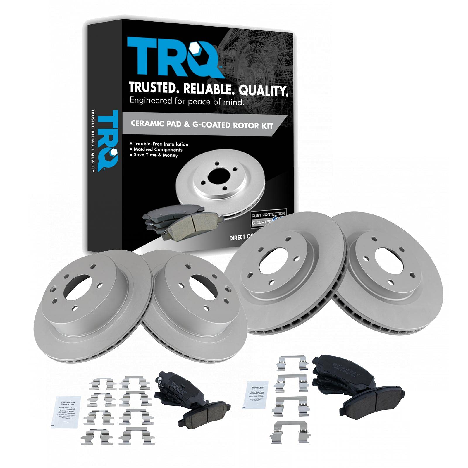 TRQ Front & Rear Ceramic Disc Brake Pads & G-Coated Rotor Kit for Rogue