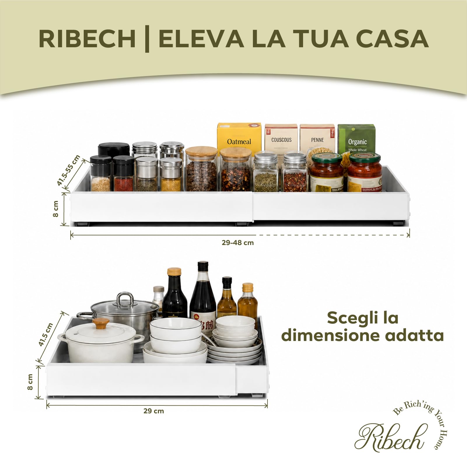 Cestello estraibile telescopico 4 direzioni per armadio cucina | Organizador de Armario con Tornillos/Adesivo, Larghezza regolabile 29-48 cm, Profondità 41,5-55 cm, Bianco