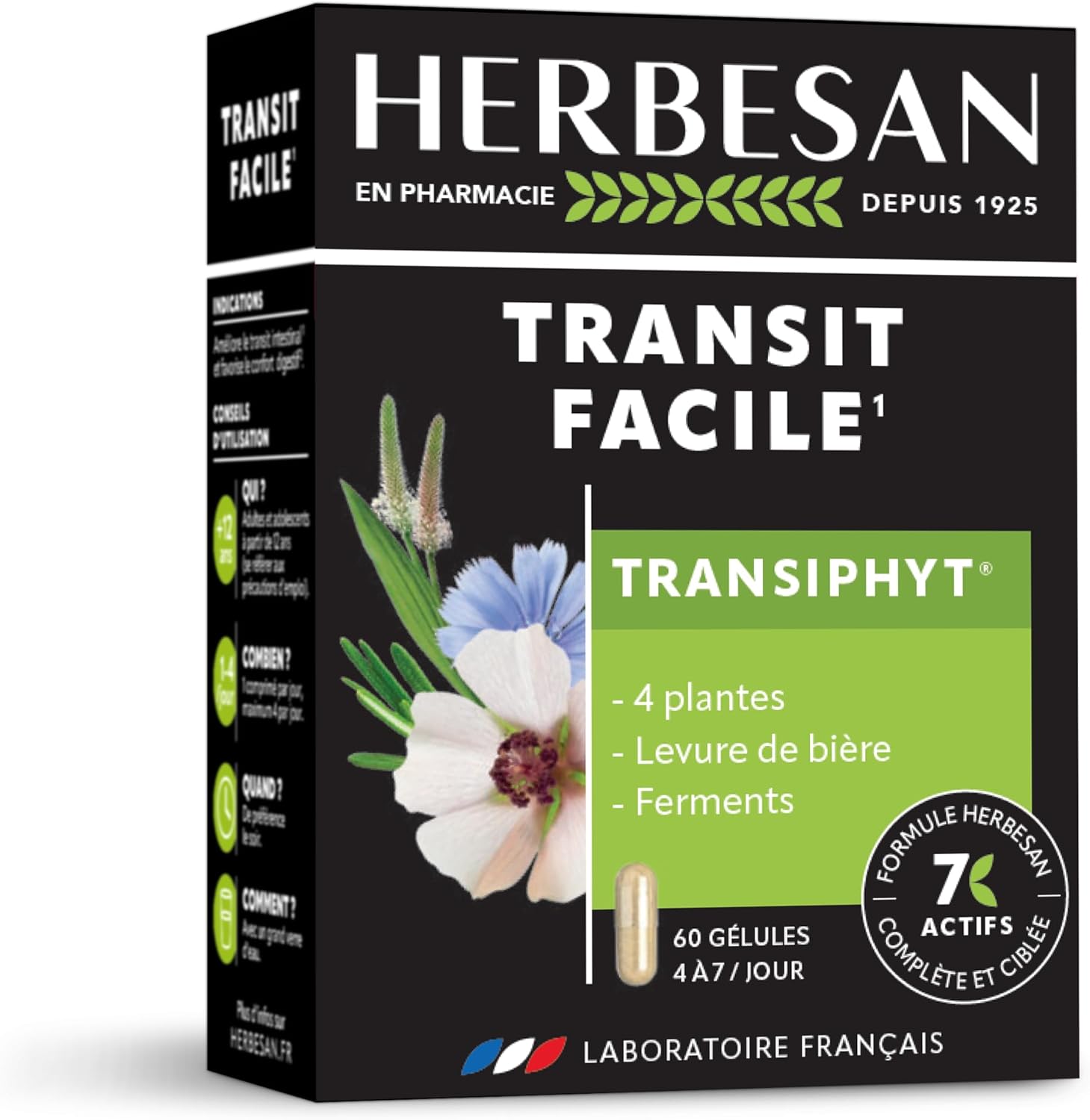 HERBESAN -TRANSIPHYT – NEW FORMULA – Triple actions: Natural transit, Digestive well-being, Intestinal microbiota -Complex of 4 Plants, Brewer’s yeast and lactic ferments – 60 Capsules
