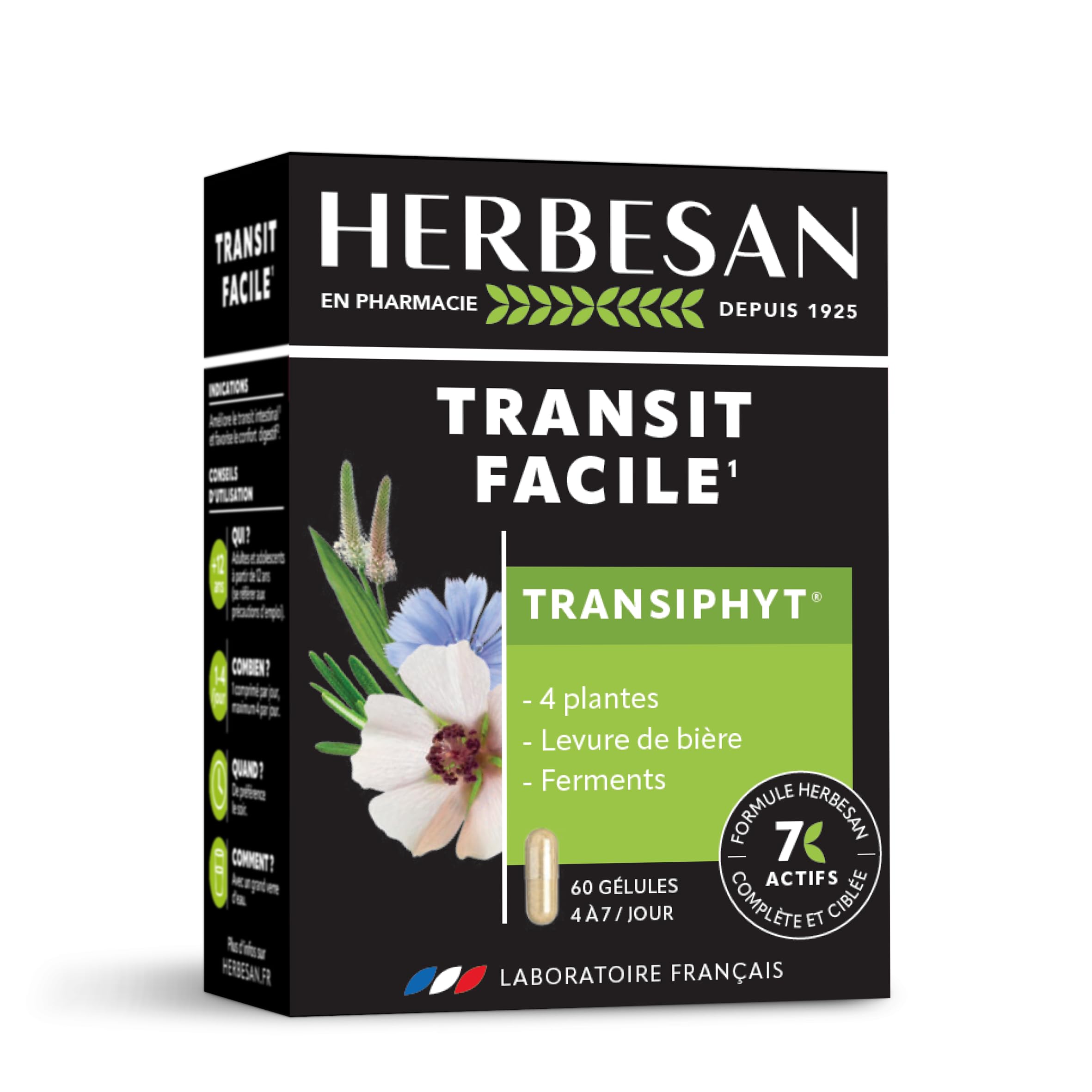 HERBESAN®-​TRANSIPHYT - NOUVELLE FORMULE - Triple actions : Transit naturel, Bien-​être digestif, Microbiote intestinal -​Complexe de 4 Plantes, Levure de bière et Ferments lactiques - 60 Gélules