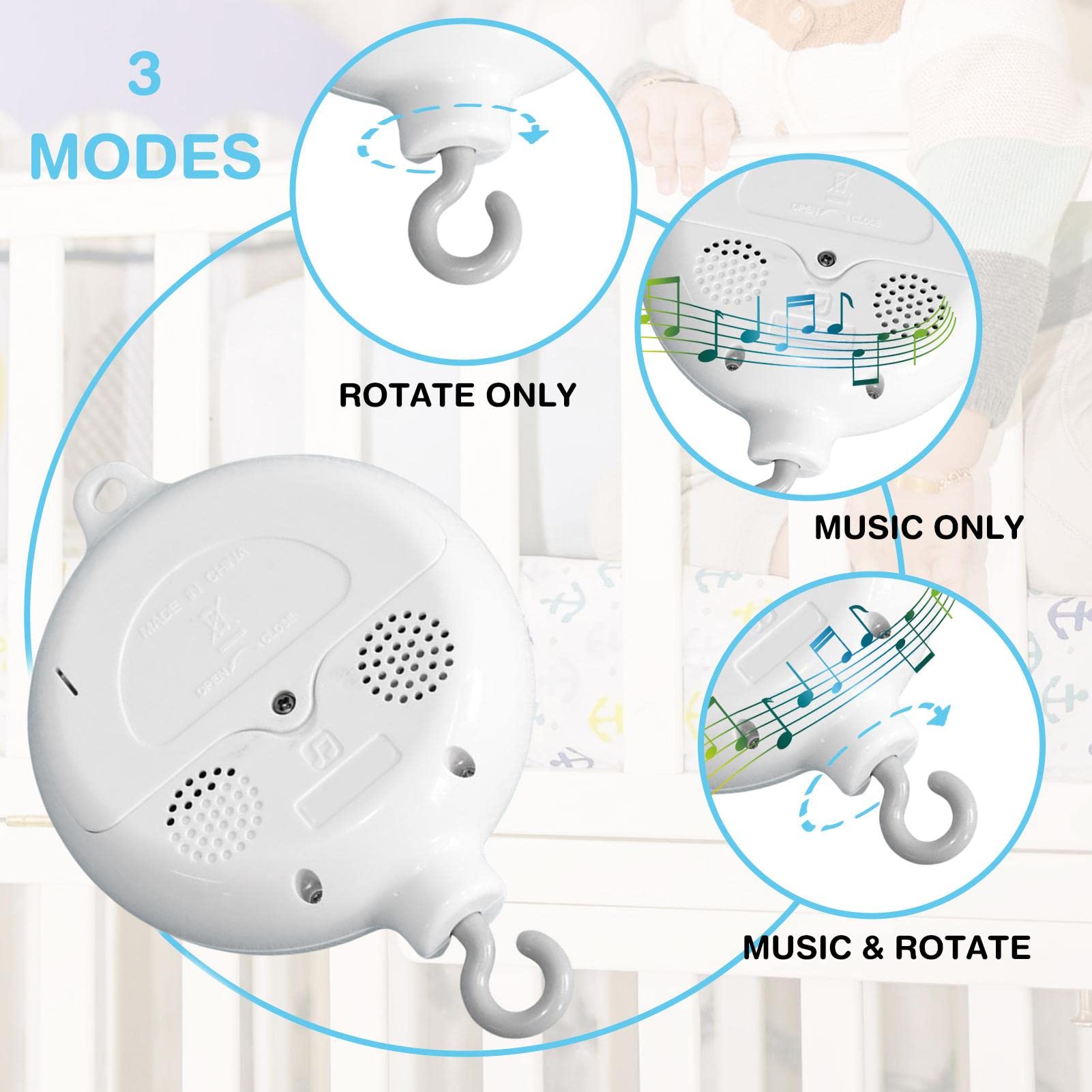 Carillon mobile per culla, con 35 melodie dolci e funzionamento a batteria, portatile, con gancio rotante, giocattolo per culla per bambini, idea regalo per la doccia