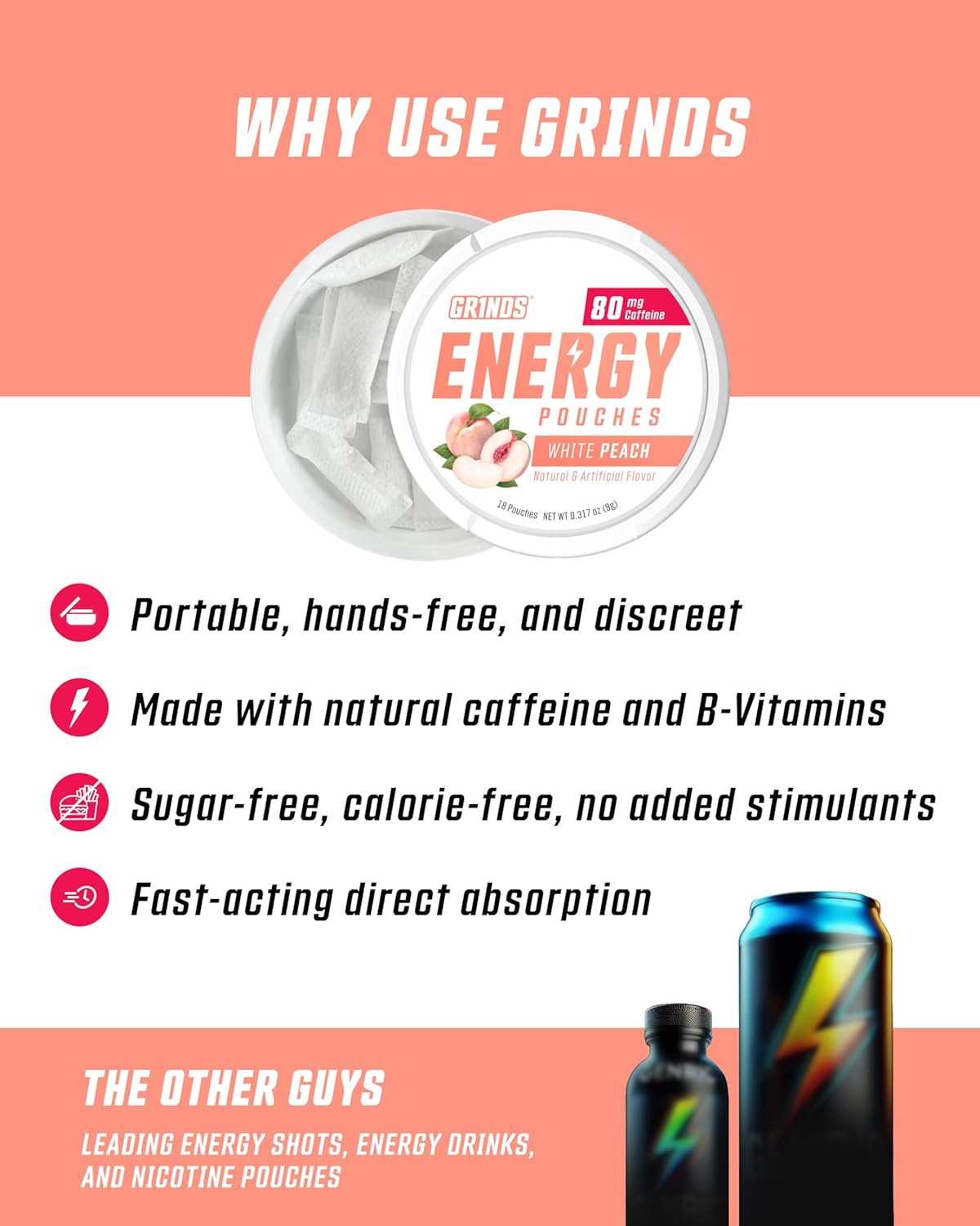 GRINDS Energy Pouches - Natural Caffeine Pouches - Contains B-Vitamins, Sugar-Free, & 0 Calories - 80mg of Caffeine in Each Pouch - White Peach - 6 Pack, 15 Pouches Per Can - Image 5