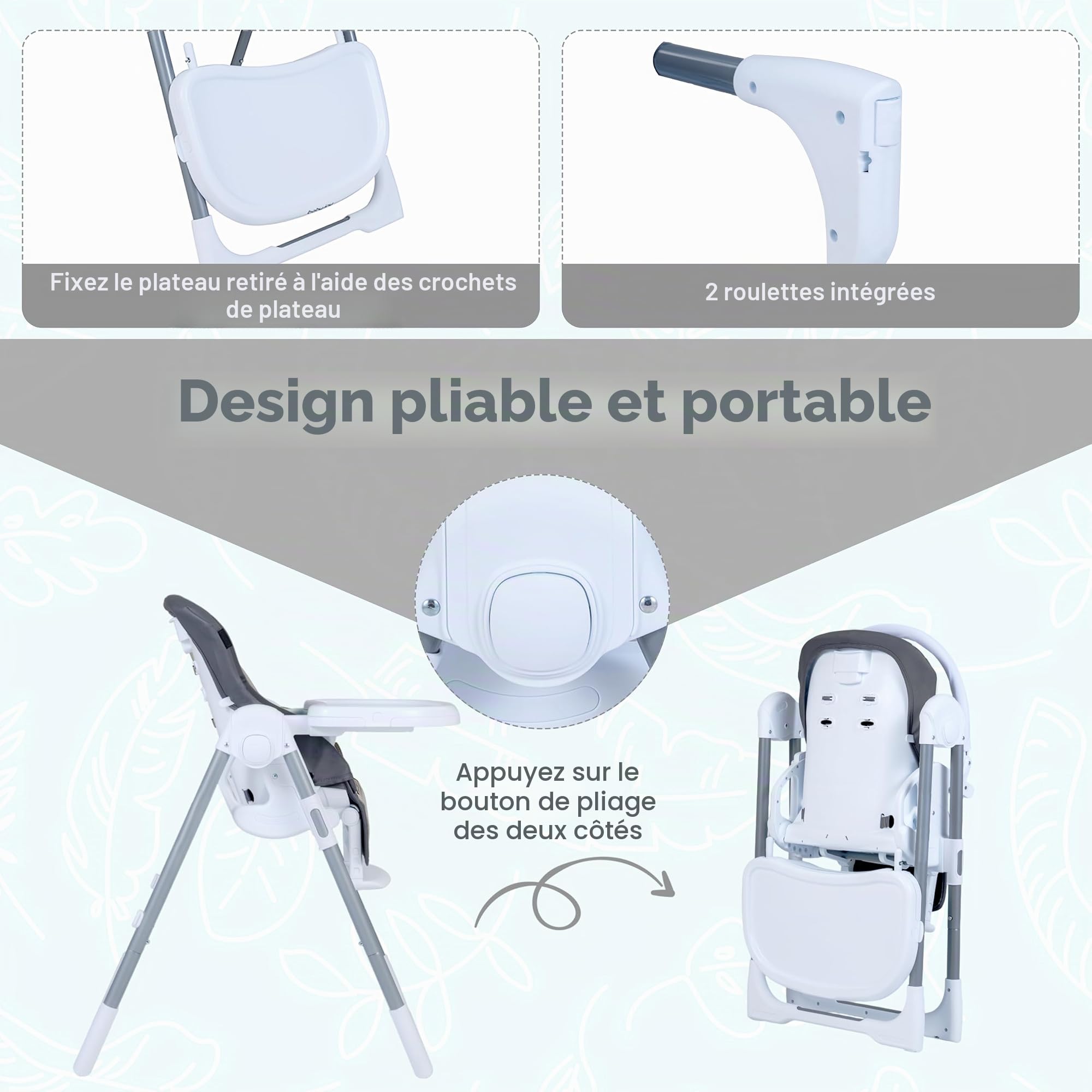 LIFEZEAL Chaise Haute Évolutive pour 6-36 Mois Bébé, Chaise Haute Pliable Réglable en Hauteur avec Ceinture de Sécurité, Repose-Pieds, 2 Plateaux Amovibles, Design Moderne pour Enfants (Gris)