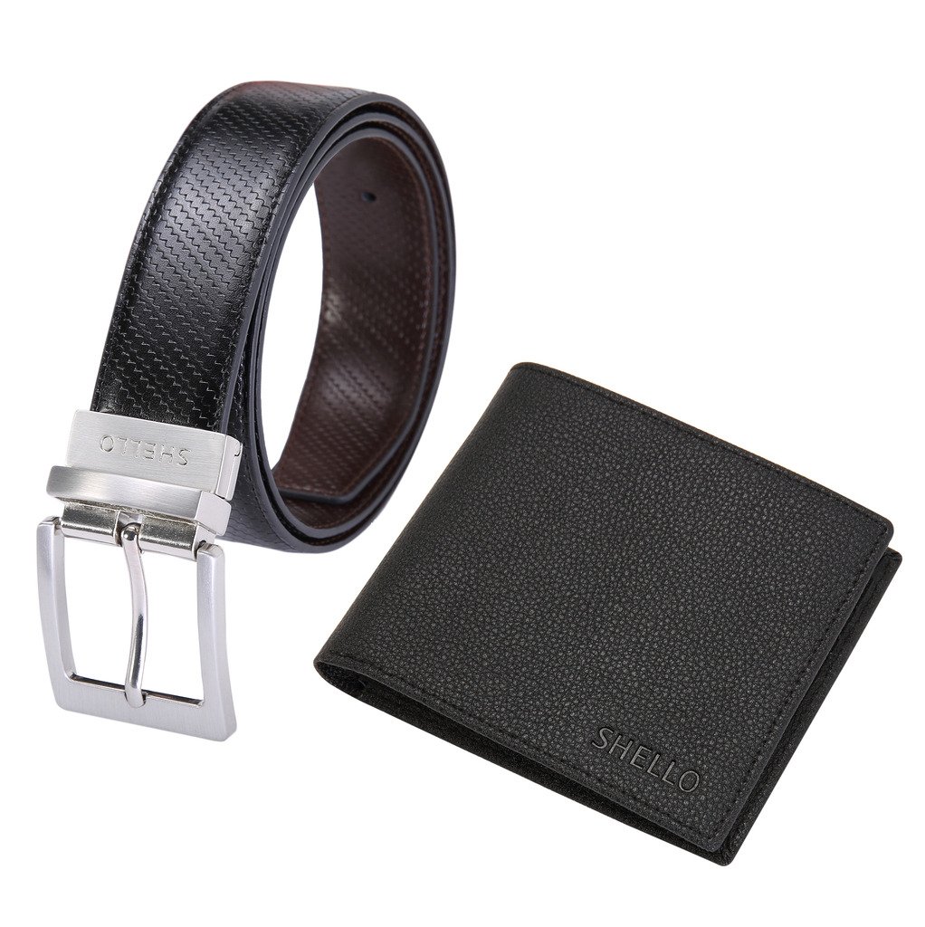 Shello Men's Leather Bifold Wallet and Two-Sided Reversible Belt Gif Set, Black