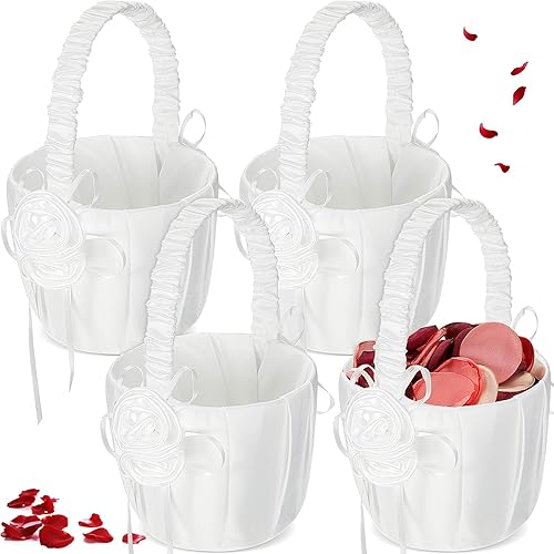 4 cestas de flores para niña, cesta de flores bohemia para novia, decoración de boda, ceremonia, accesorios de fiesta (blanco, rosa)
