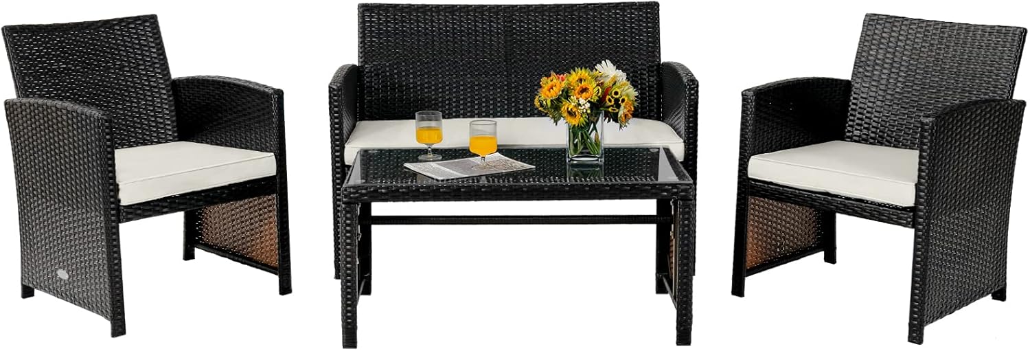 Tangkula 4 Pieces Rattan Furniture Set, Outdoor Conversation Set w/Chair & Loveseat & Tempered Glass Coffee Table, Suitable for Garden, Backyard, Poolside, Patio Furniture Set for 4 (1, White)