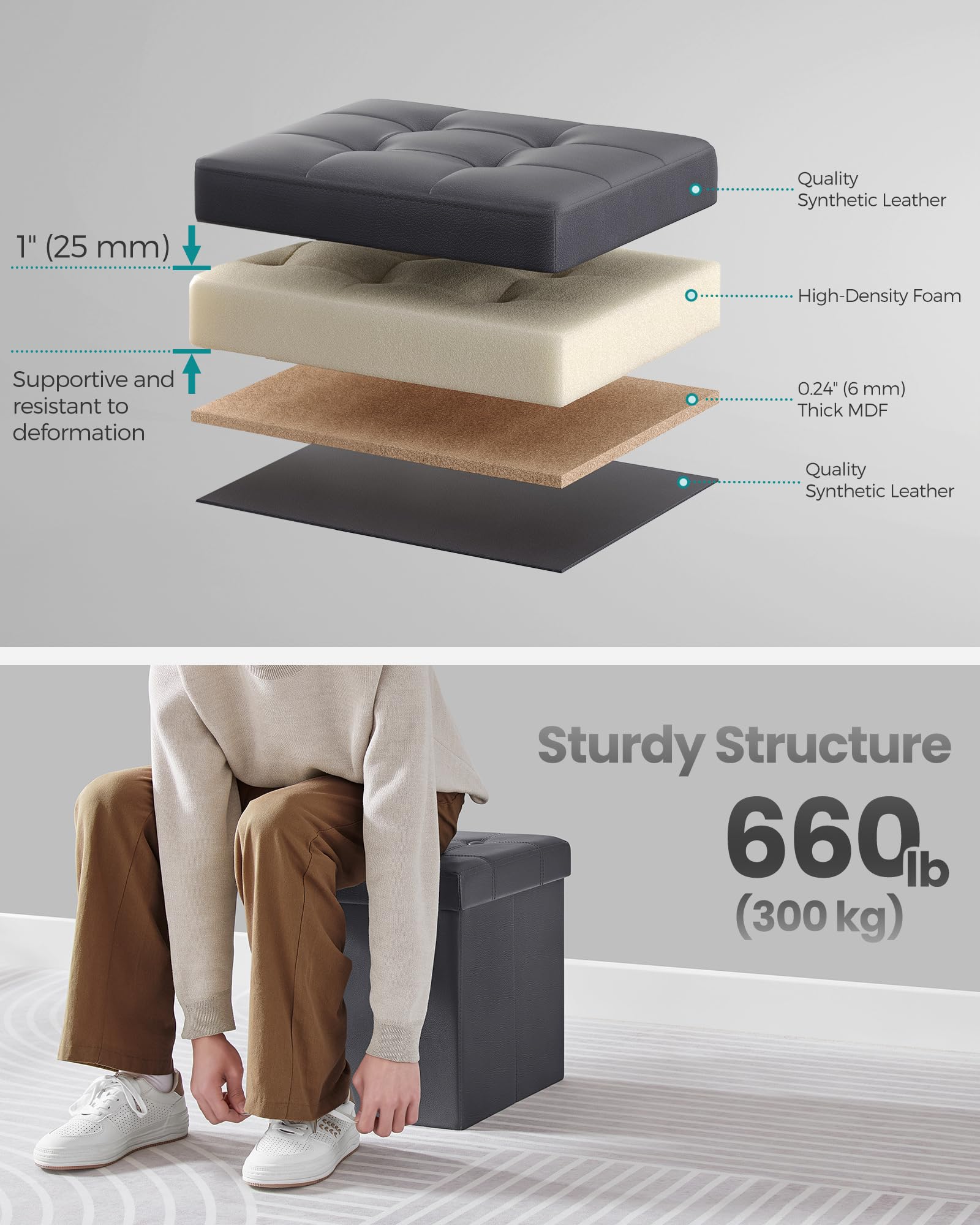 SONGMICS MAZIE Collection, Storage Ottoman, 38 cm Folding Foot Rest Stool, Ottoman Storage Box, Easy Assembly - Image 4