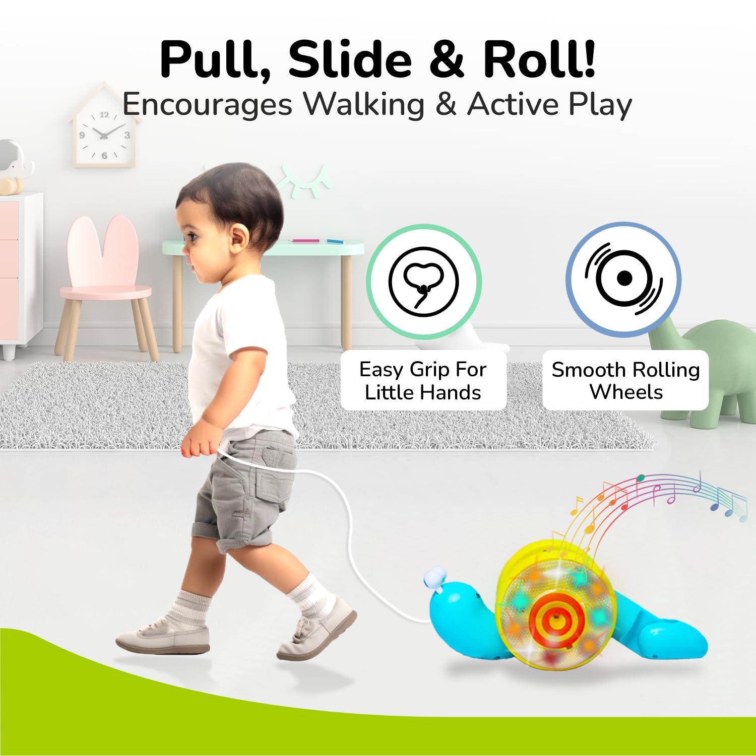 R for Rabbit Orapple Snail Tune Musical Pull-Along Toy for Baby |Lights, Music & Smooth Wheels | Safe Design Injury-Free Edges | Enhances Sensory, Auditory & Motor Skills 12+ Months Kids (Blue Yellow)