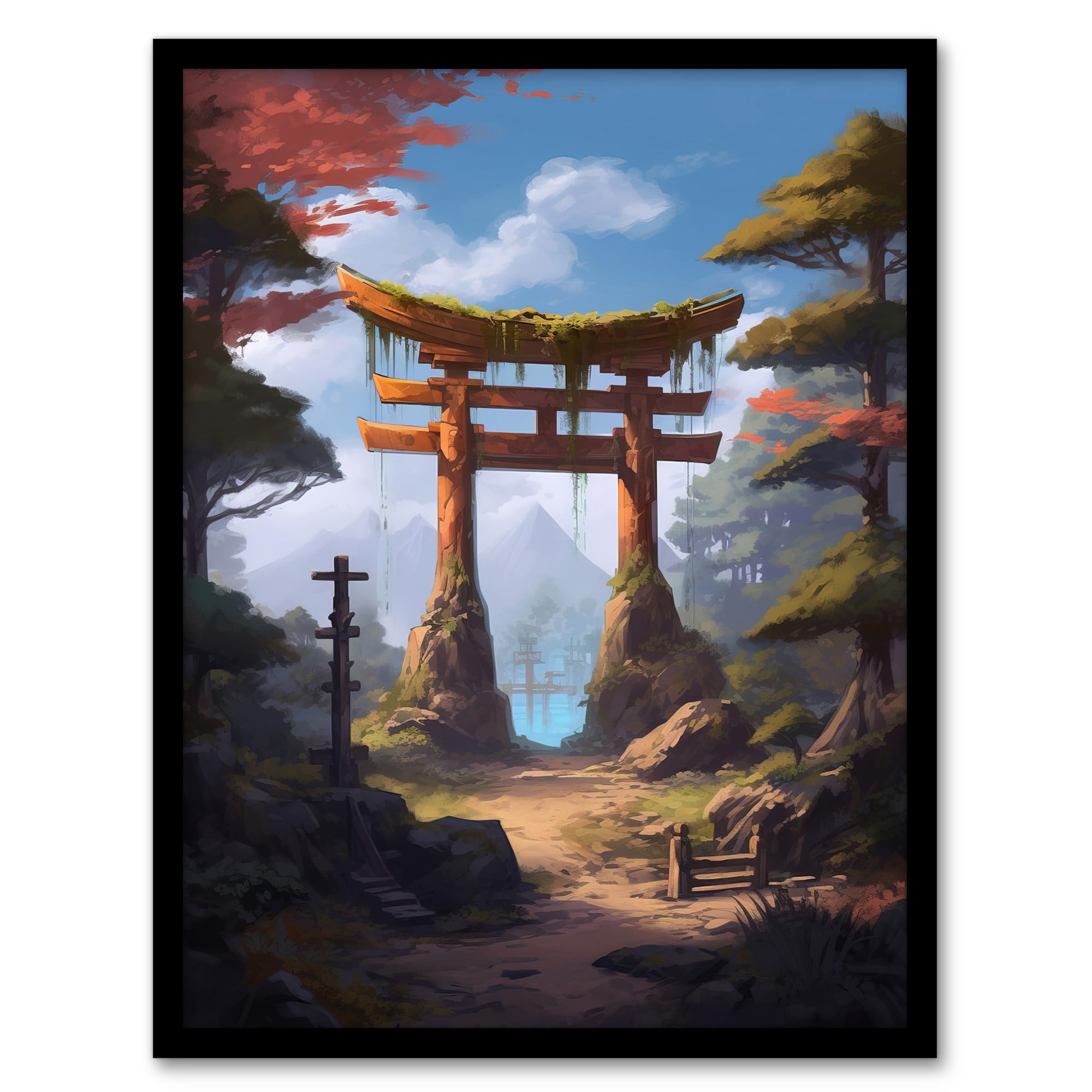 Artery8 Old Torii Gate Leading to Shinto Shrine by Lake Painting Pink Green Blue Tranquil Sacred Grounds Forest Mountain Landscape Artwork Framed Wall Art Print 18X24 Inch