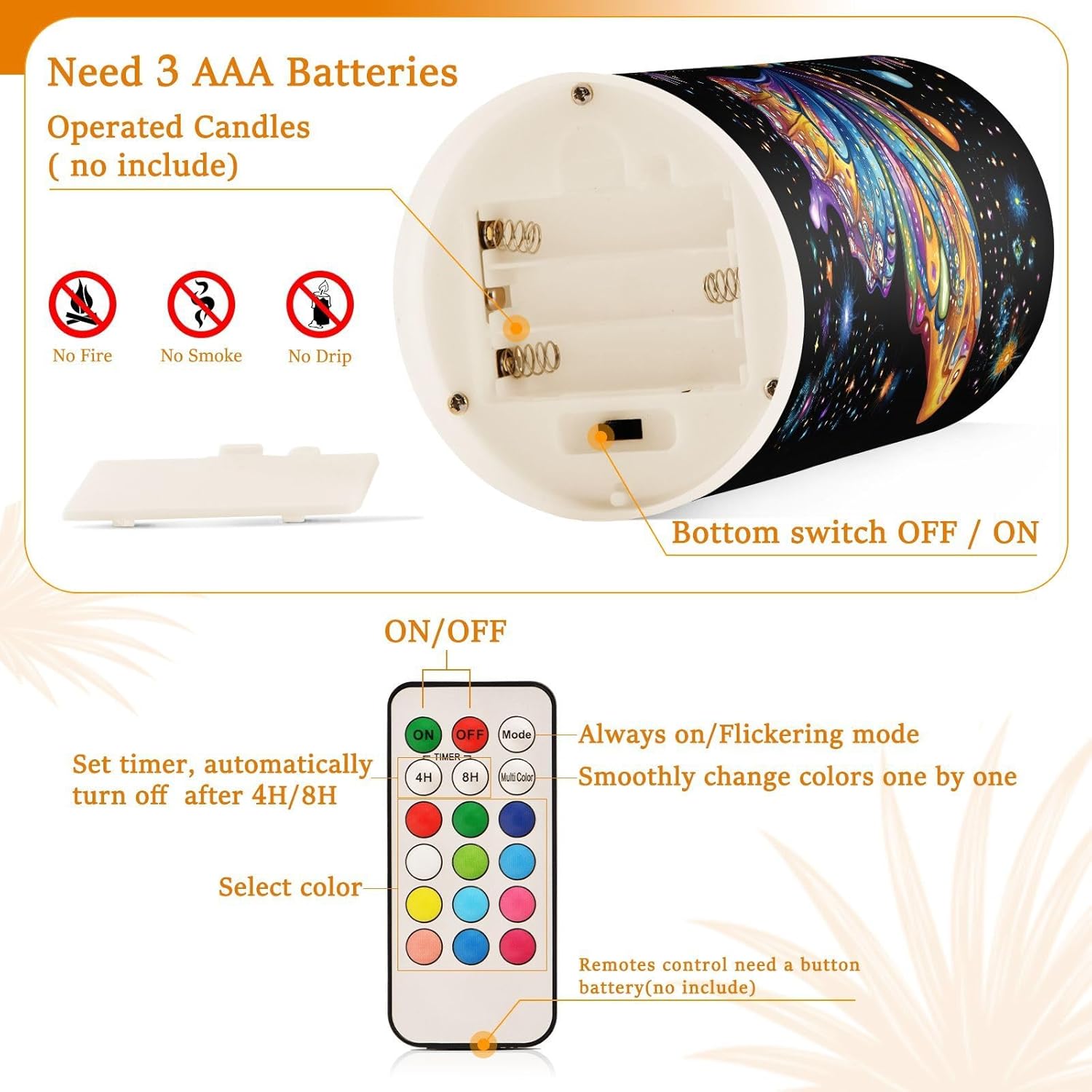ALAZA Multi Color Butterfly Star Flickering Flameless Candles Pillar Led Candles Battery Operated Candles with Remote and Timers Set of 2
