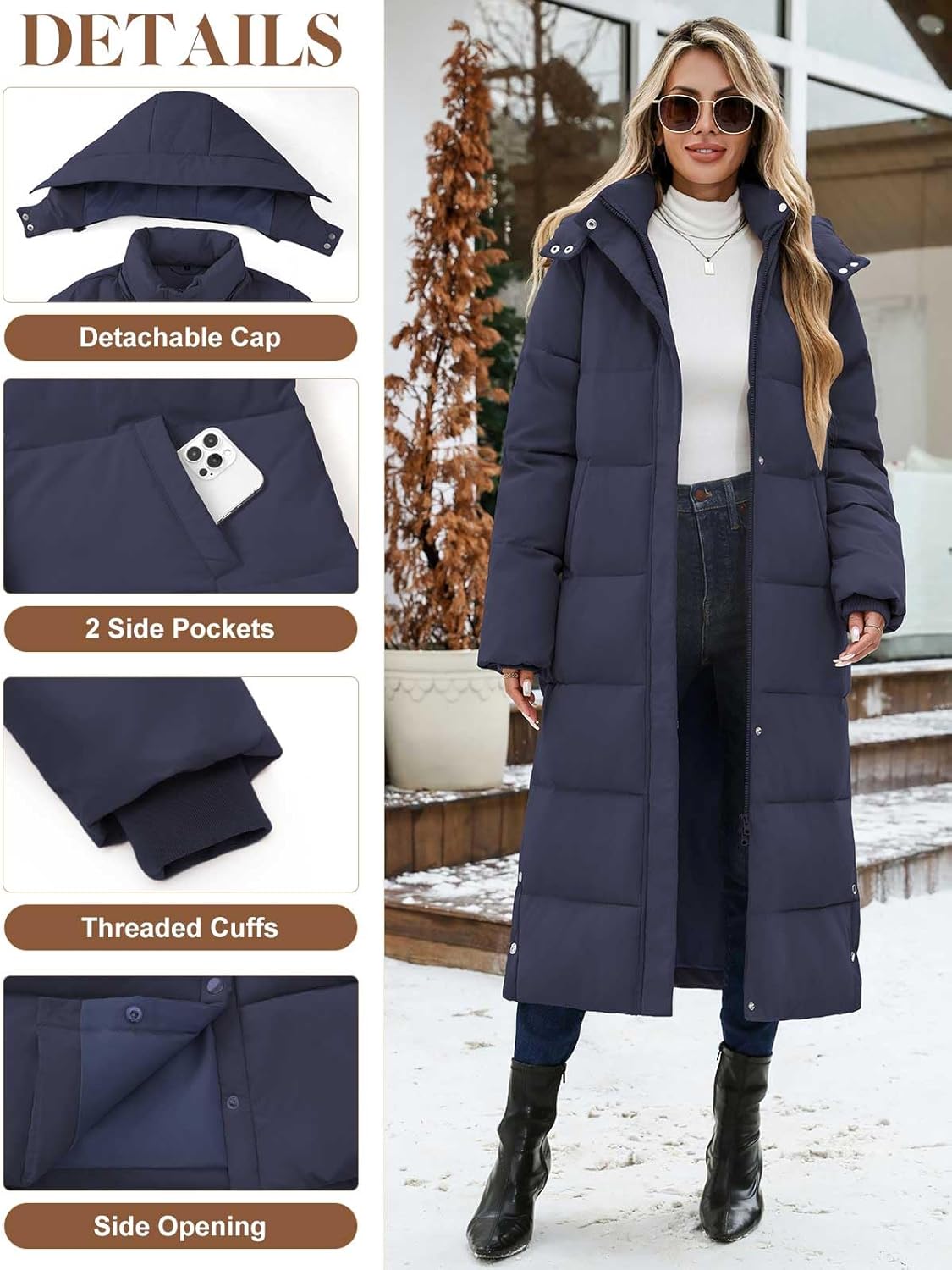 Women's Long Maxi Down Coat Winter Puffer Jacket Warm Padded Outerwear Faux Fur Removable Hood Parka Full-Zip - Image 4