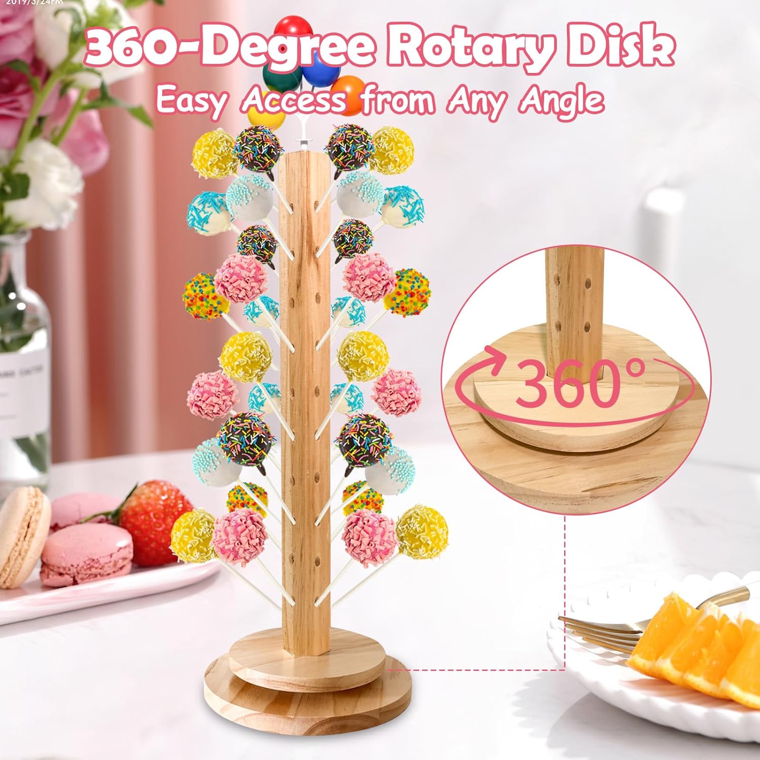 Wood Cake Pop Stand 36 Holes with Spinning Base,Cake Pop Holder Stand for Dessert Table,Lollipop Holder Candy Table Display, Dessert Stand for Wedding Birthday Baby Shower Parties Anniversaries (2 Pack)