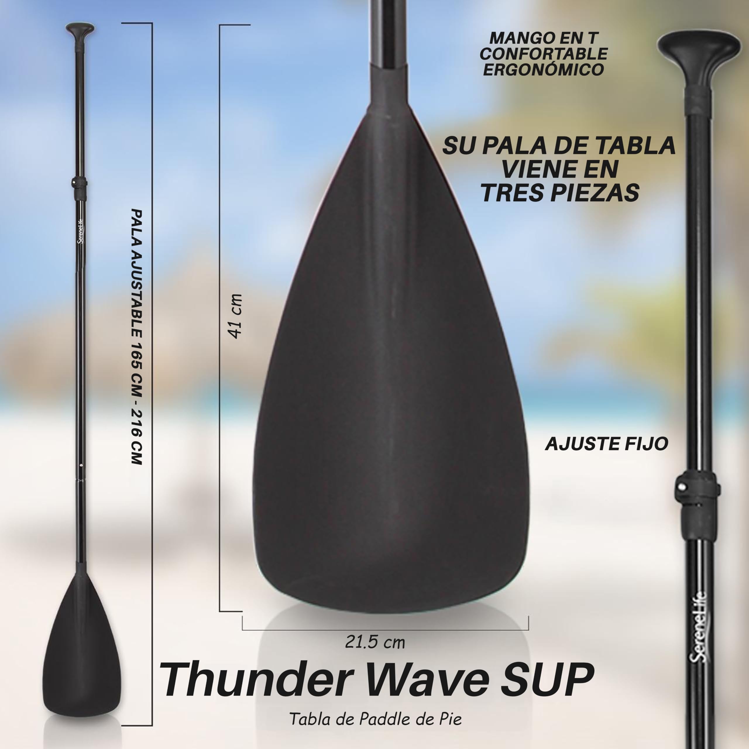 SereneLife remo paddle surf hinchable, Pala, Ajustable, Estable, Liviano, Desmontable